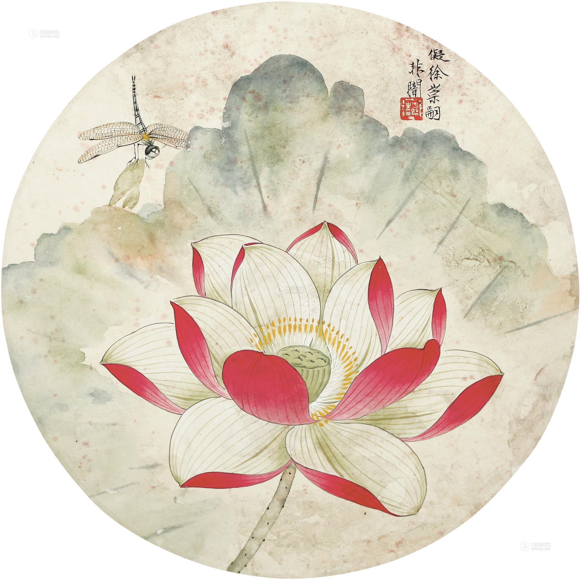 0239荷花蜻蜓圆光镜心纸本设色