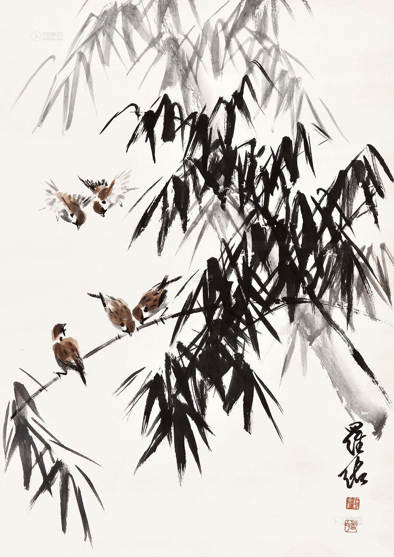 0044 竹子麻雀图 镜片 纸本