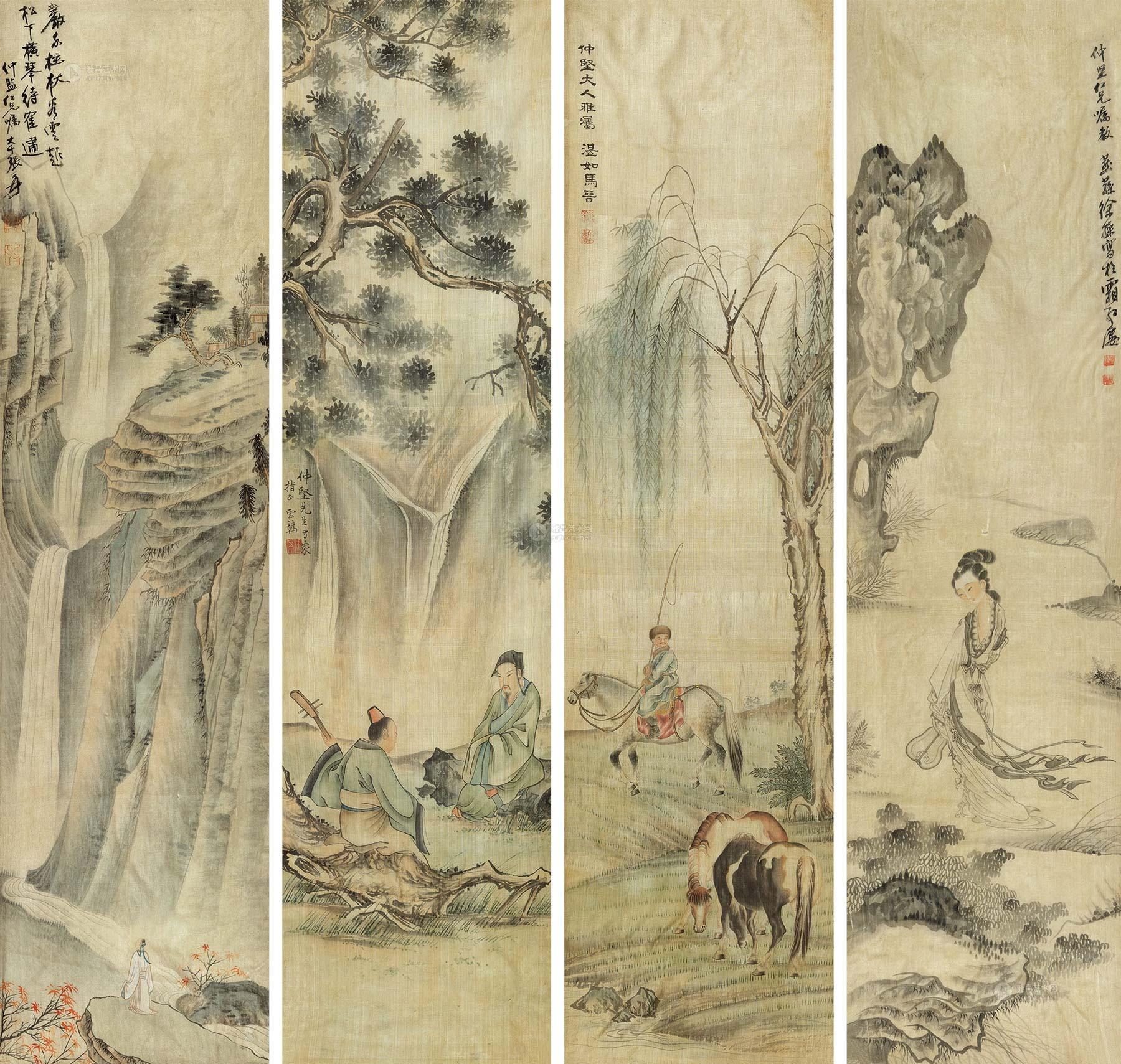1775山水人物四屏镜心绢本