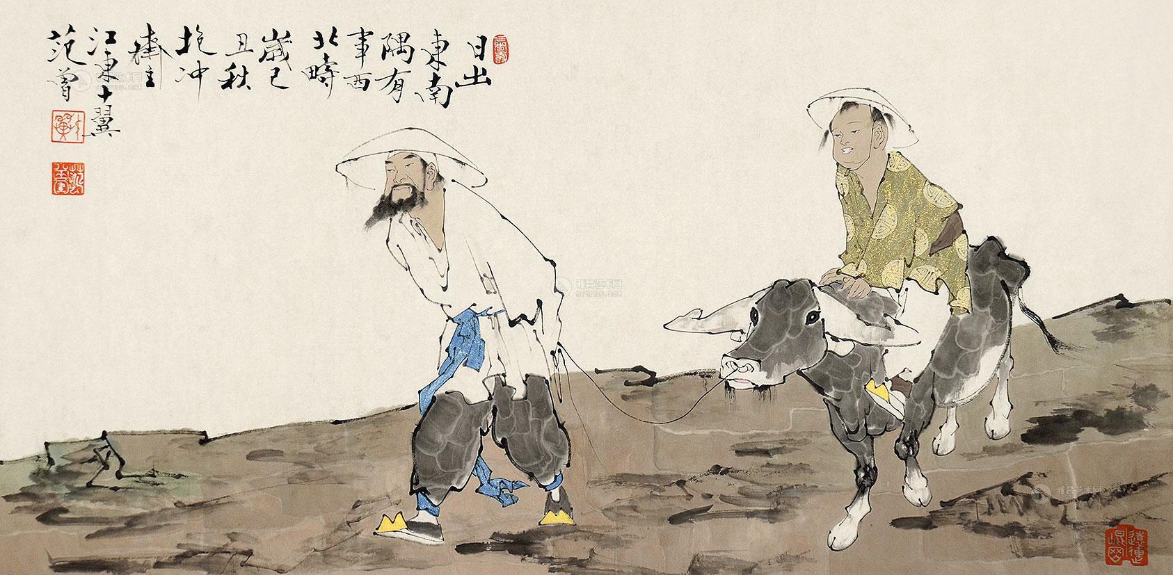 0788 老者小孩牵牛 纸片