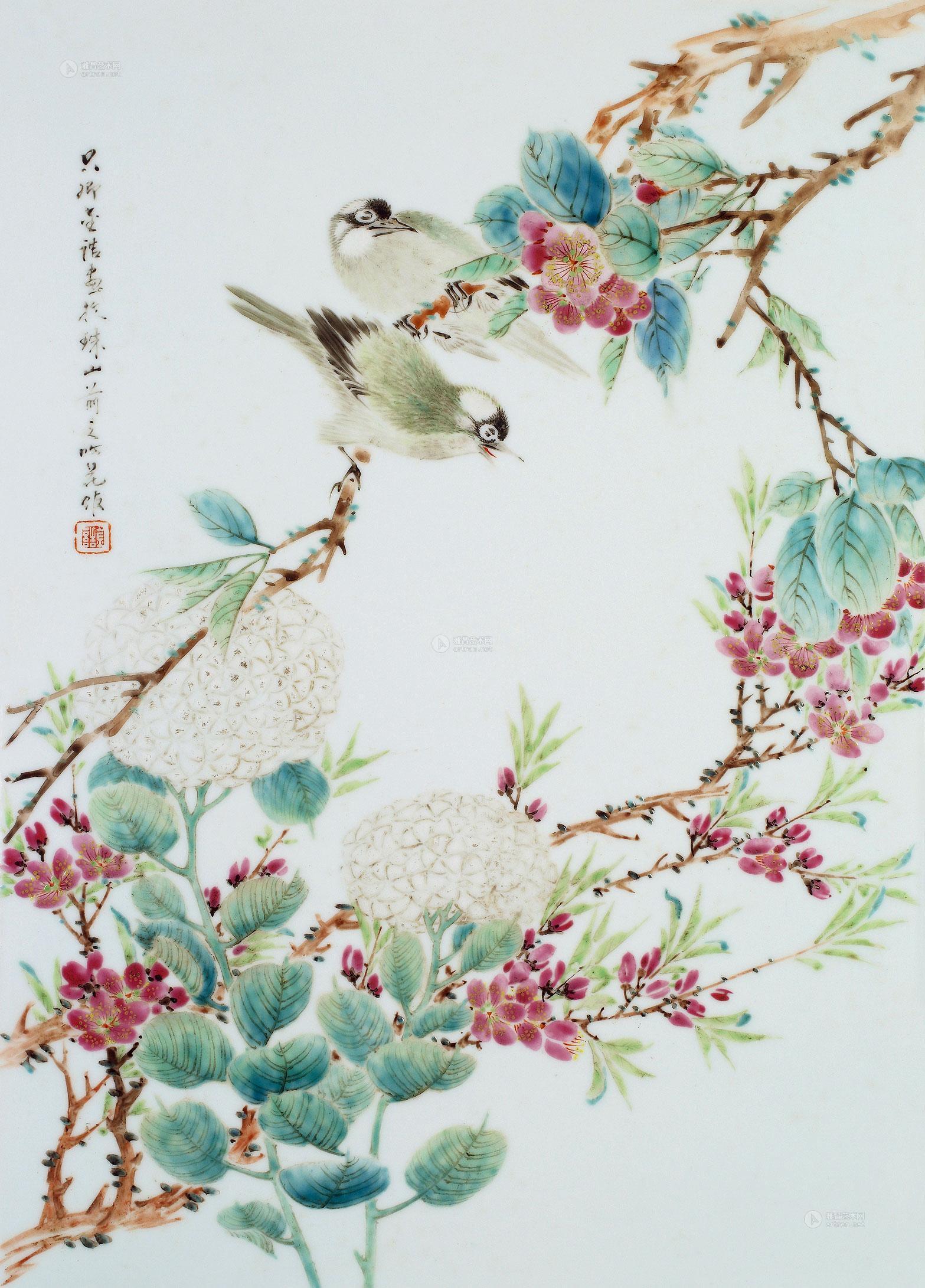 2852 金品卿 浅绛彩花鸟挂屏