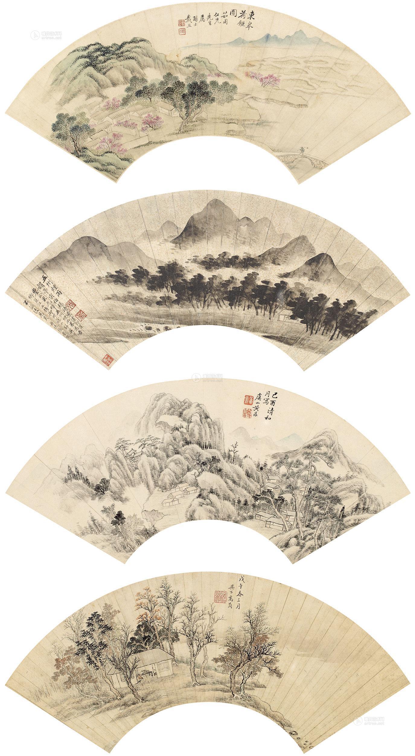 0377 山水扇面 (四件) 镜框 水墨纸本