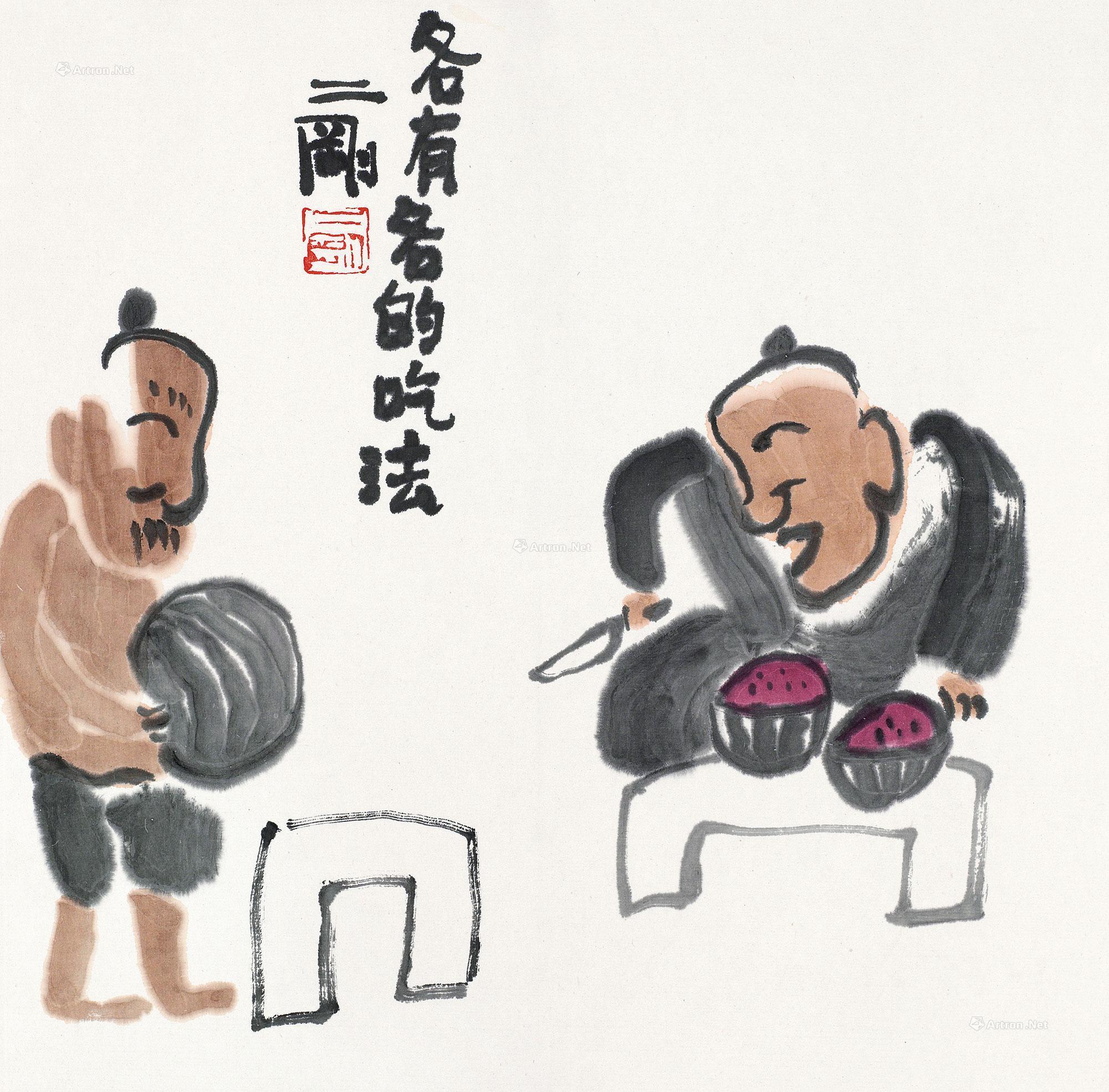 0054吃瓜图镜片设色纸本
