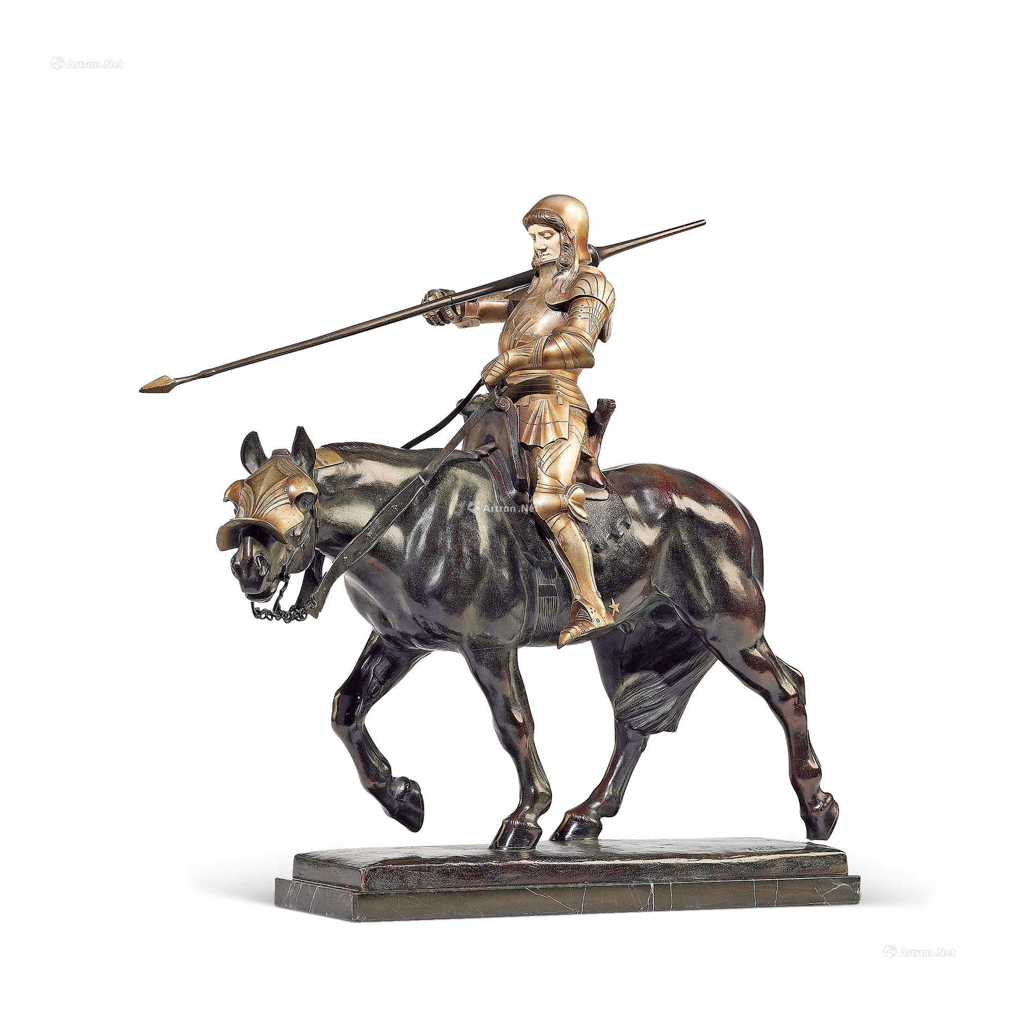 法国新艺术运动时期铜镀金及青铜漆色象牙长矛战马金甲骑士雕塑
