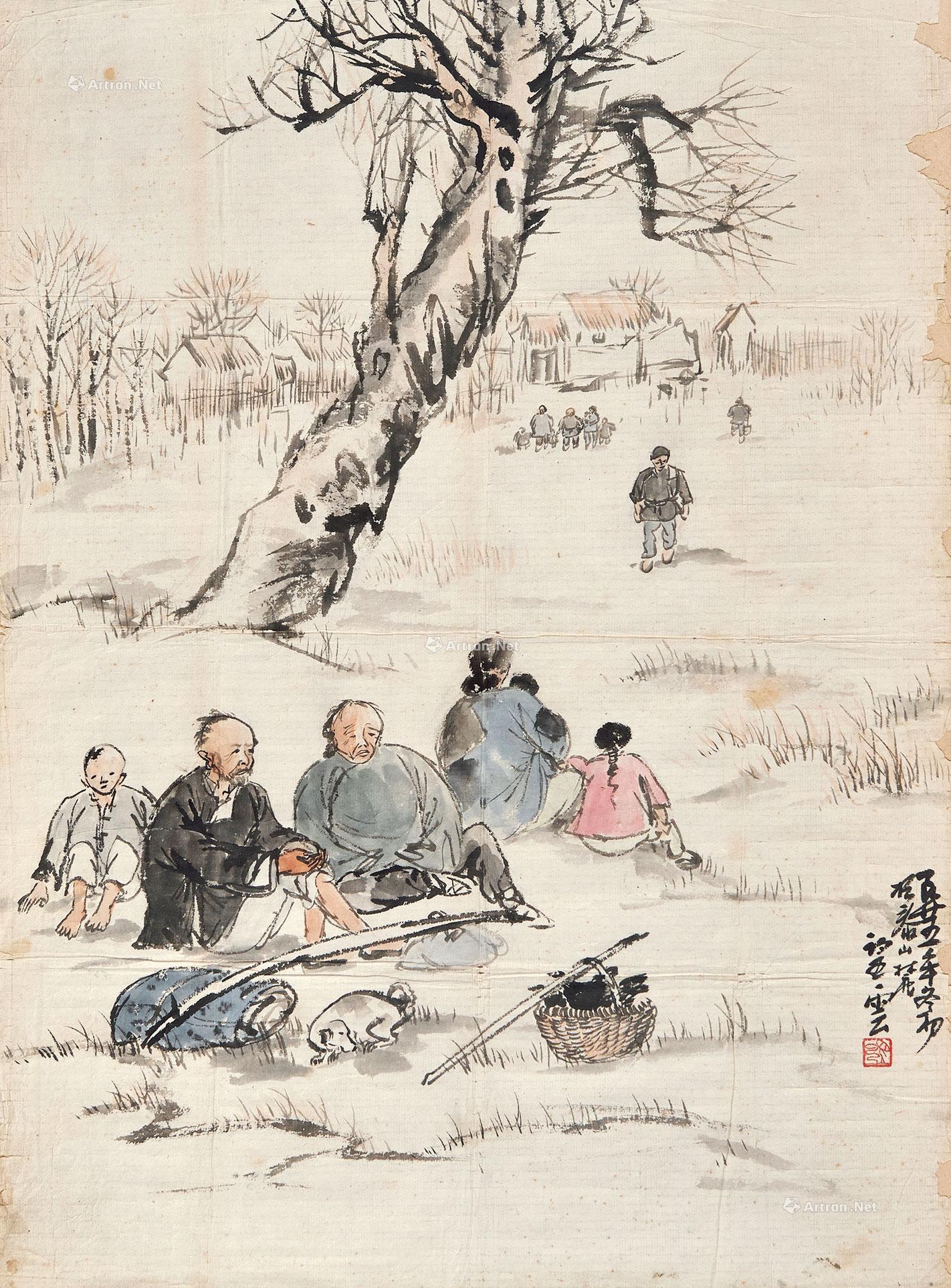 *0191 逃荒 镜心 设色纸本