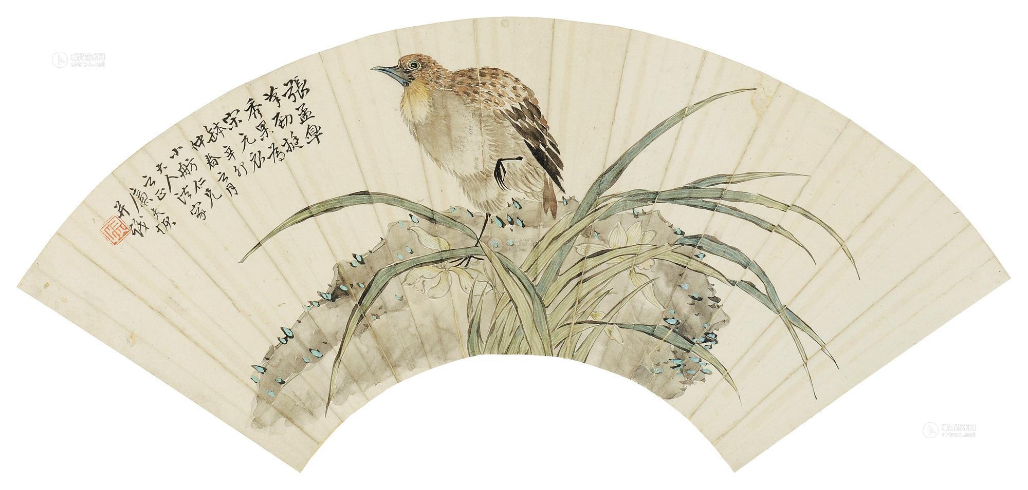 0171 1891年作 鹌鹑 扇面 设色纸本