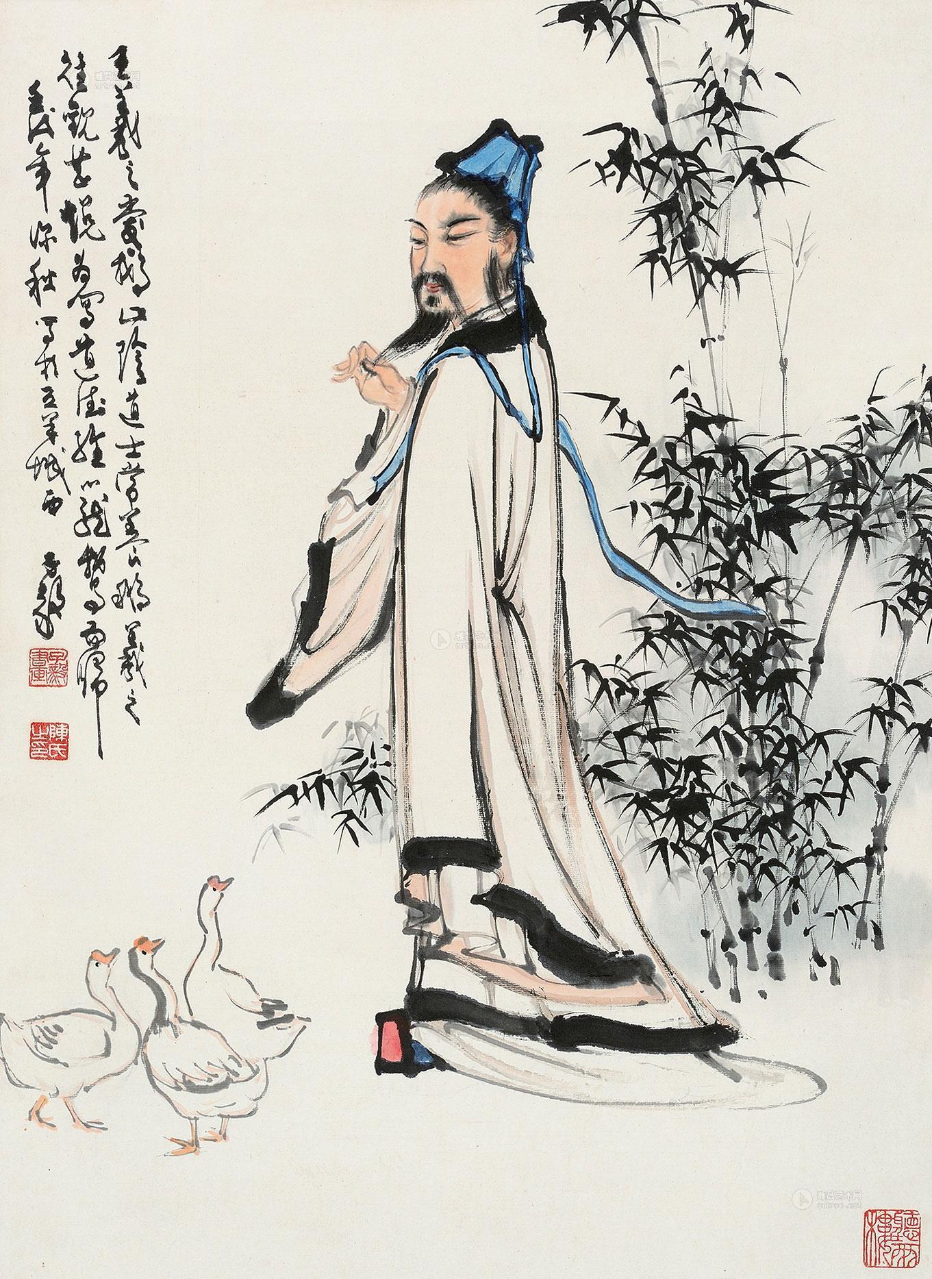 0295壬戌1982年作羲之观鹅立轴设色纸本