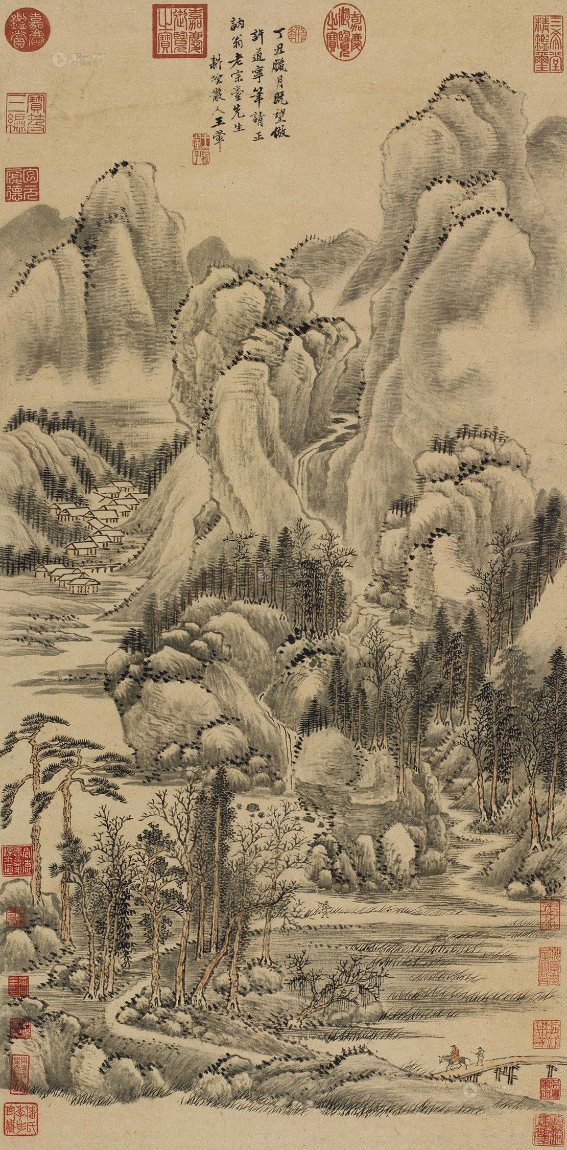 0215 春山行旅图 立轴 设色纸本