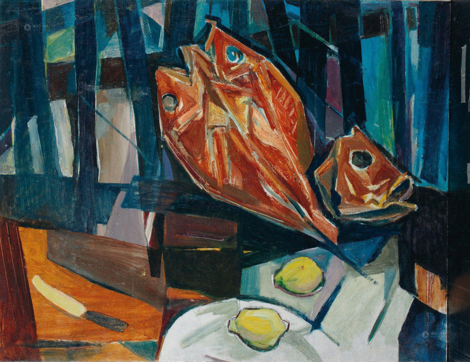 0358 约1960年代作 鱼,柠檬与静物 油彩画布