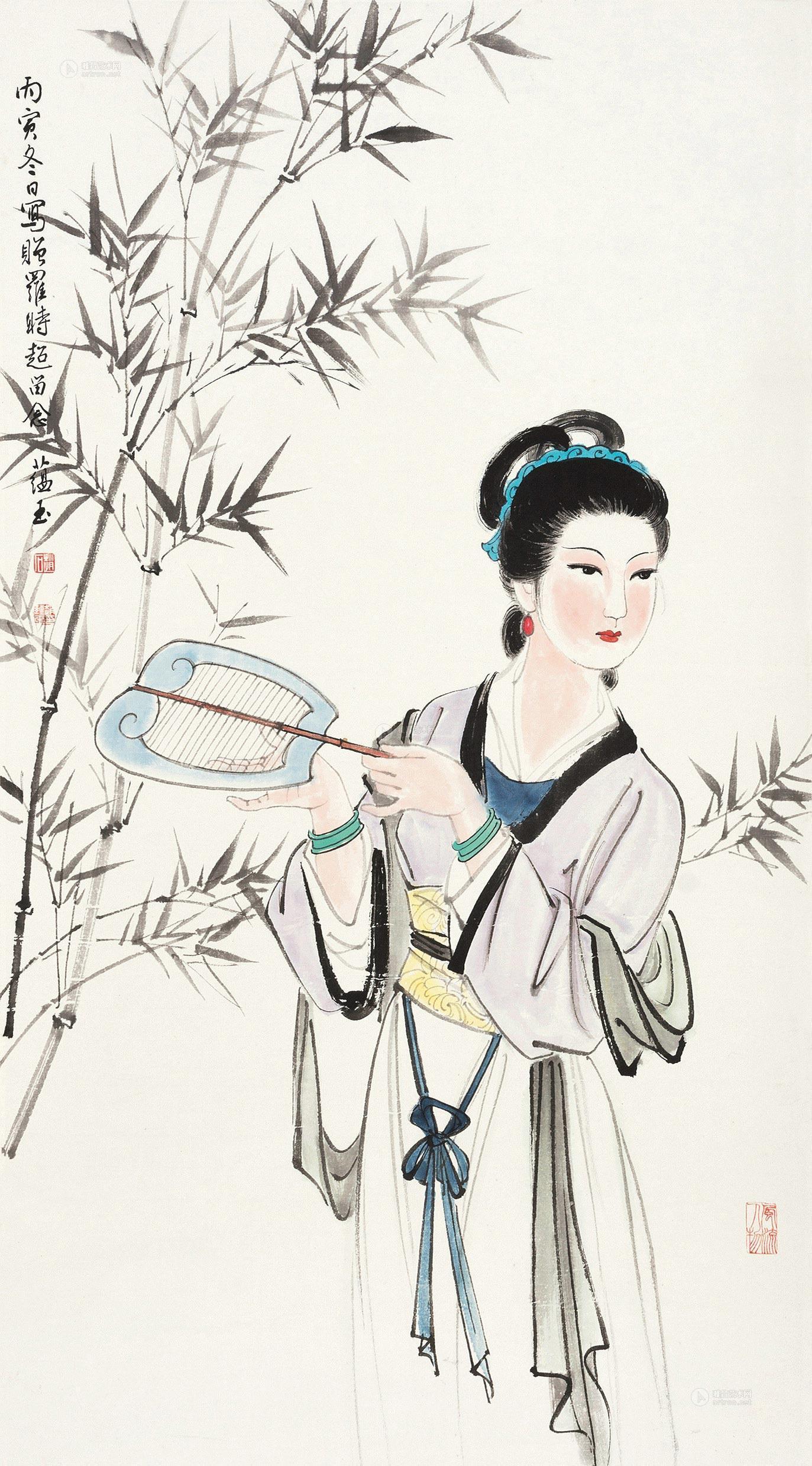 01491986年作执扇仕女立轴设色纸本