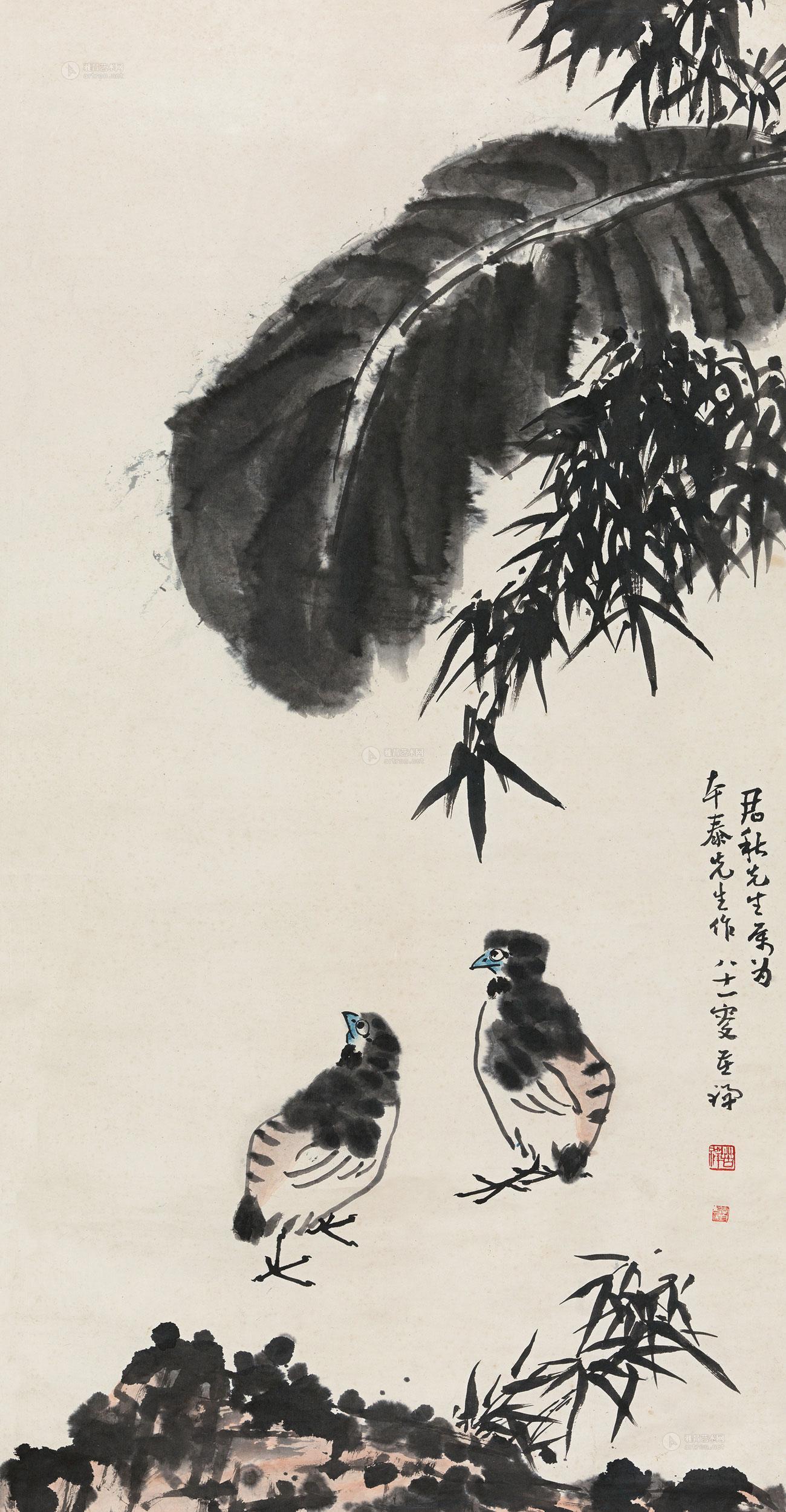 1002竹石鹌鹑立轴设色纸本