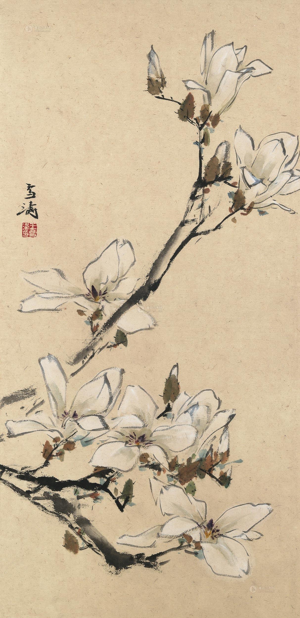 1622玉兰镜心设色纸本