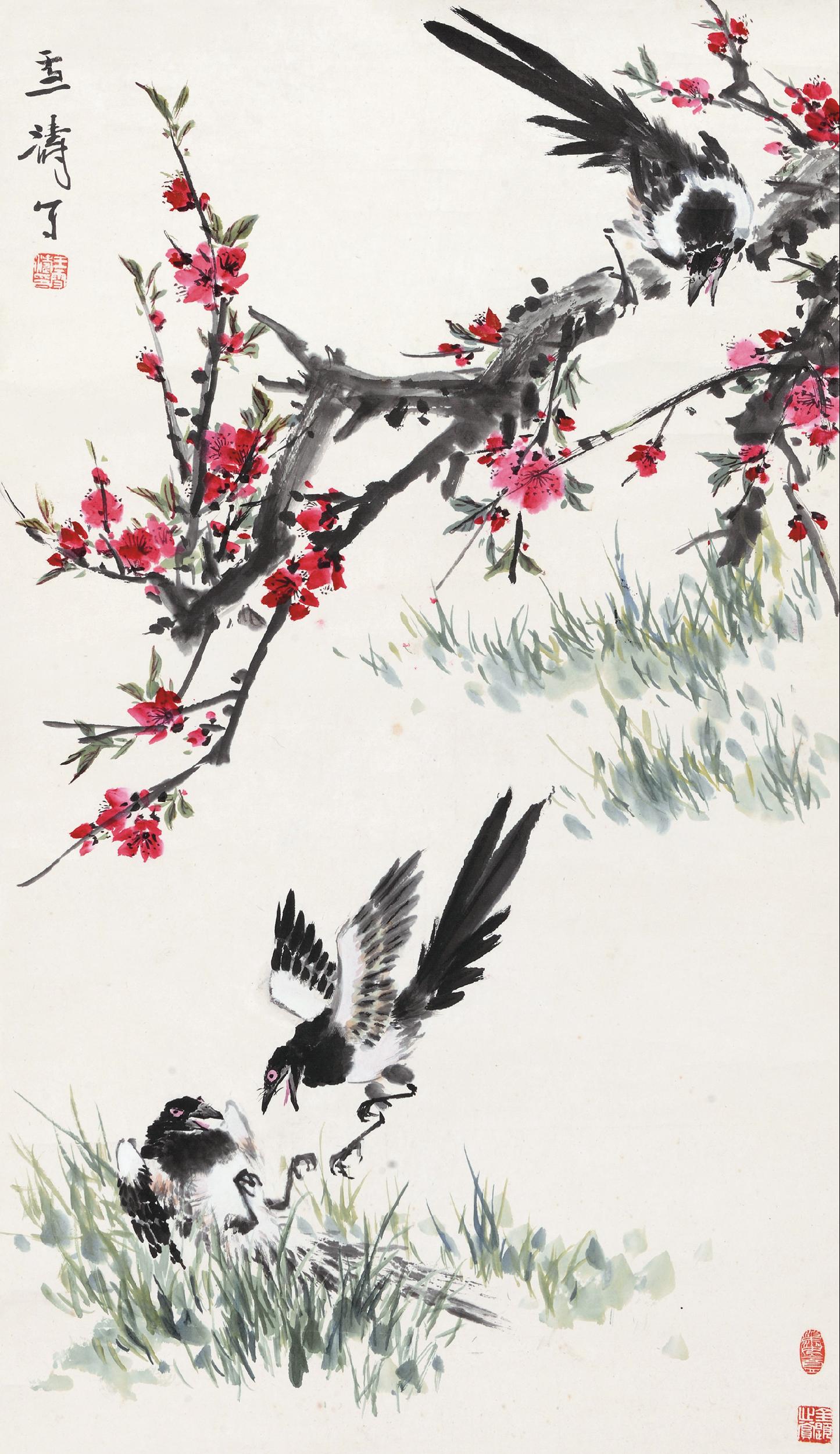 1732桃花喜鹊立轴设色纸本