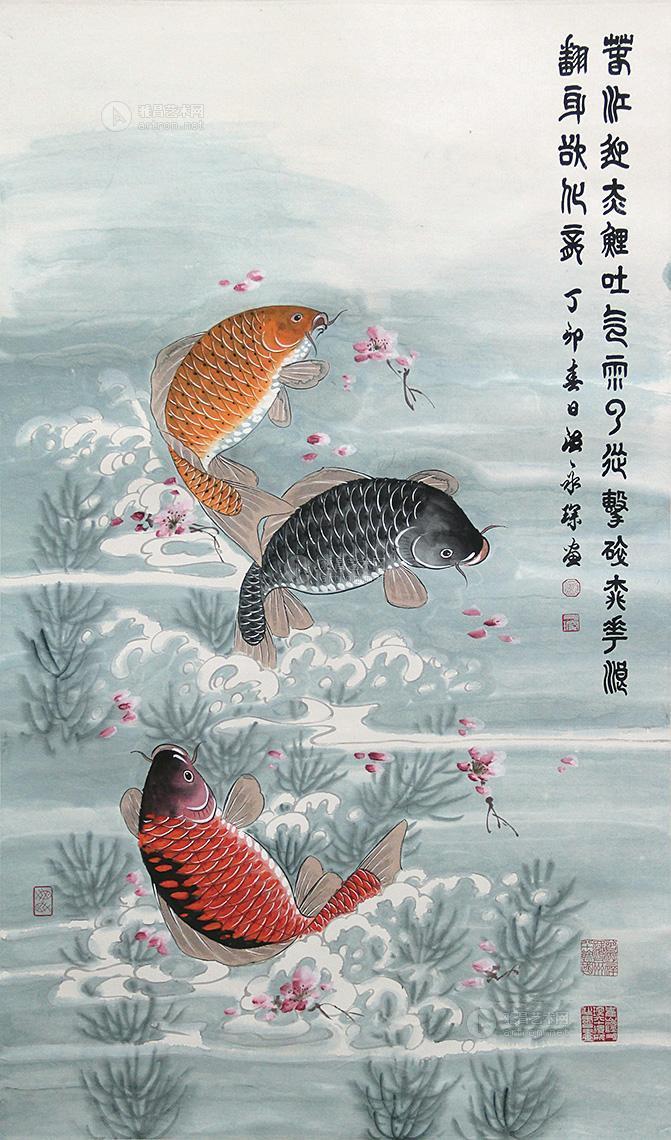 0005 鲤跃龙门 镜片 设色纸本