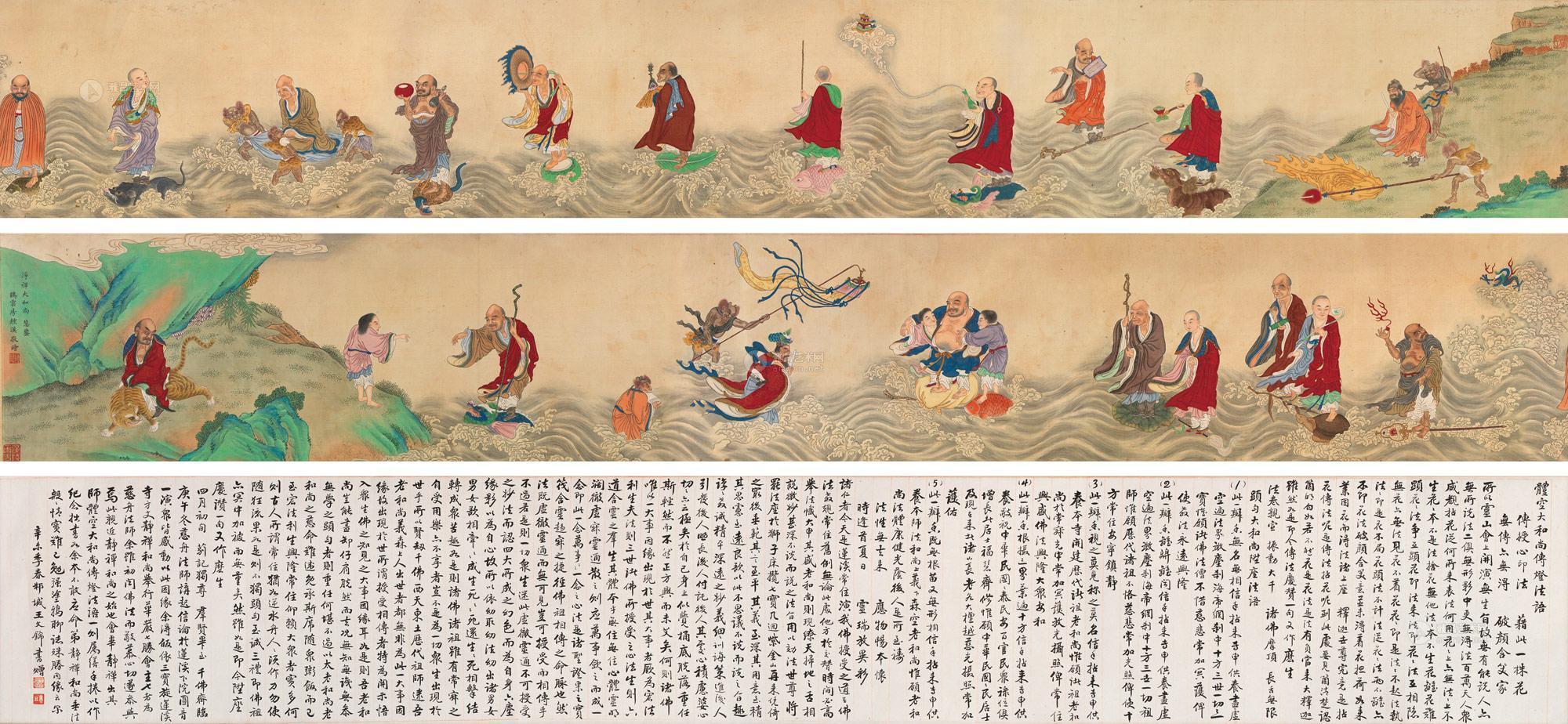 0604 清代(1644-1911) 十八罗汉图 手卷 绢本设色
