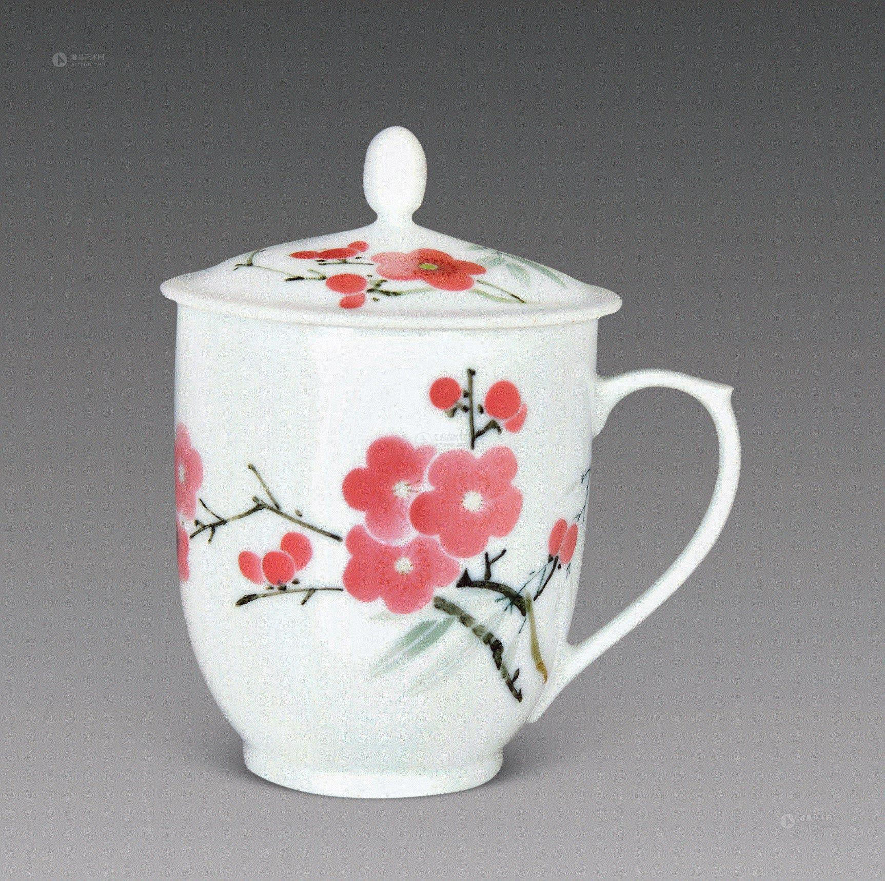 0196 1975年 7501高白釉釉下翠竹红梅大号茶杯