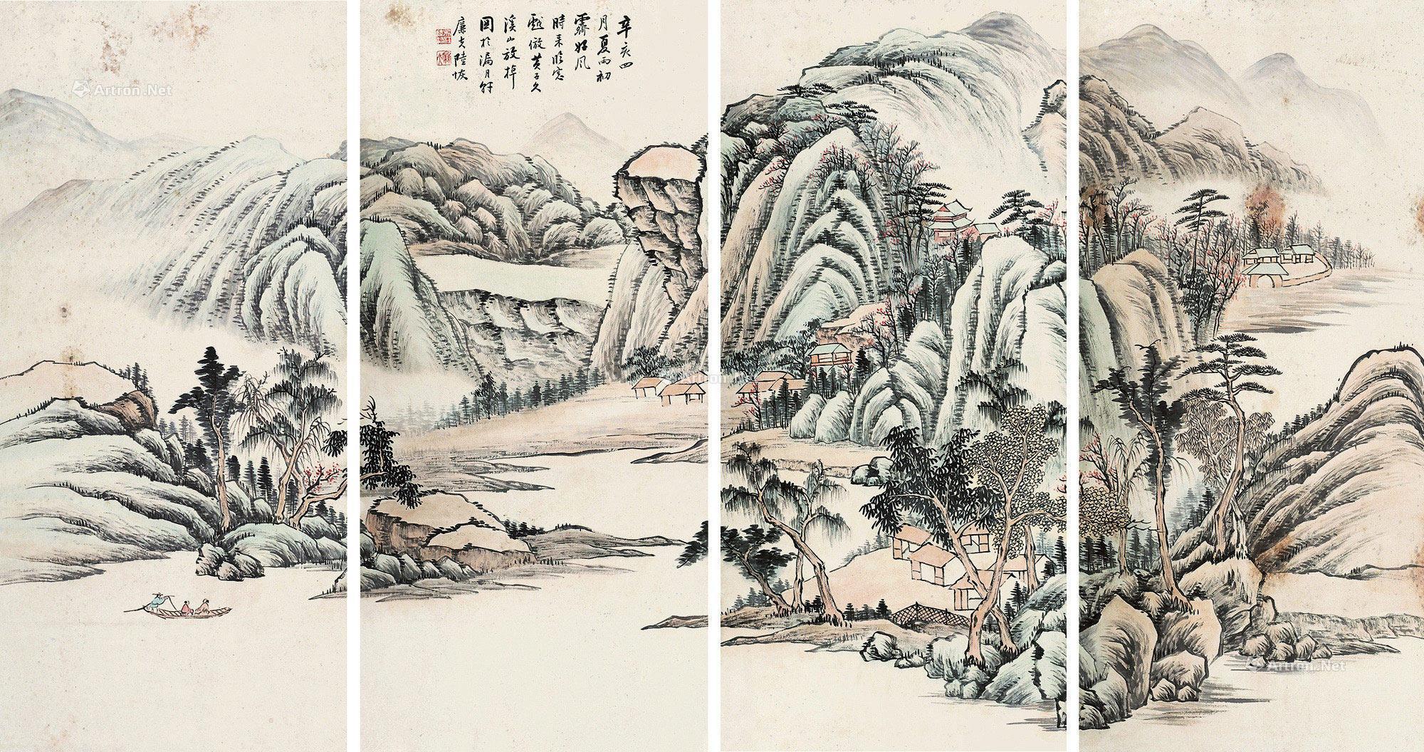 0439通景山水四屏屏轴设色纸本