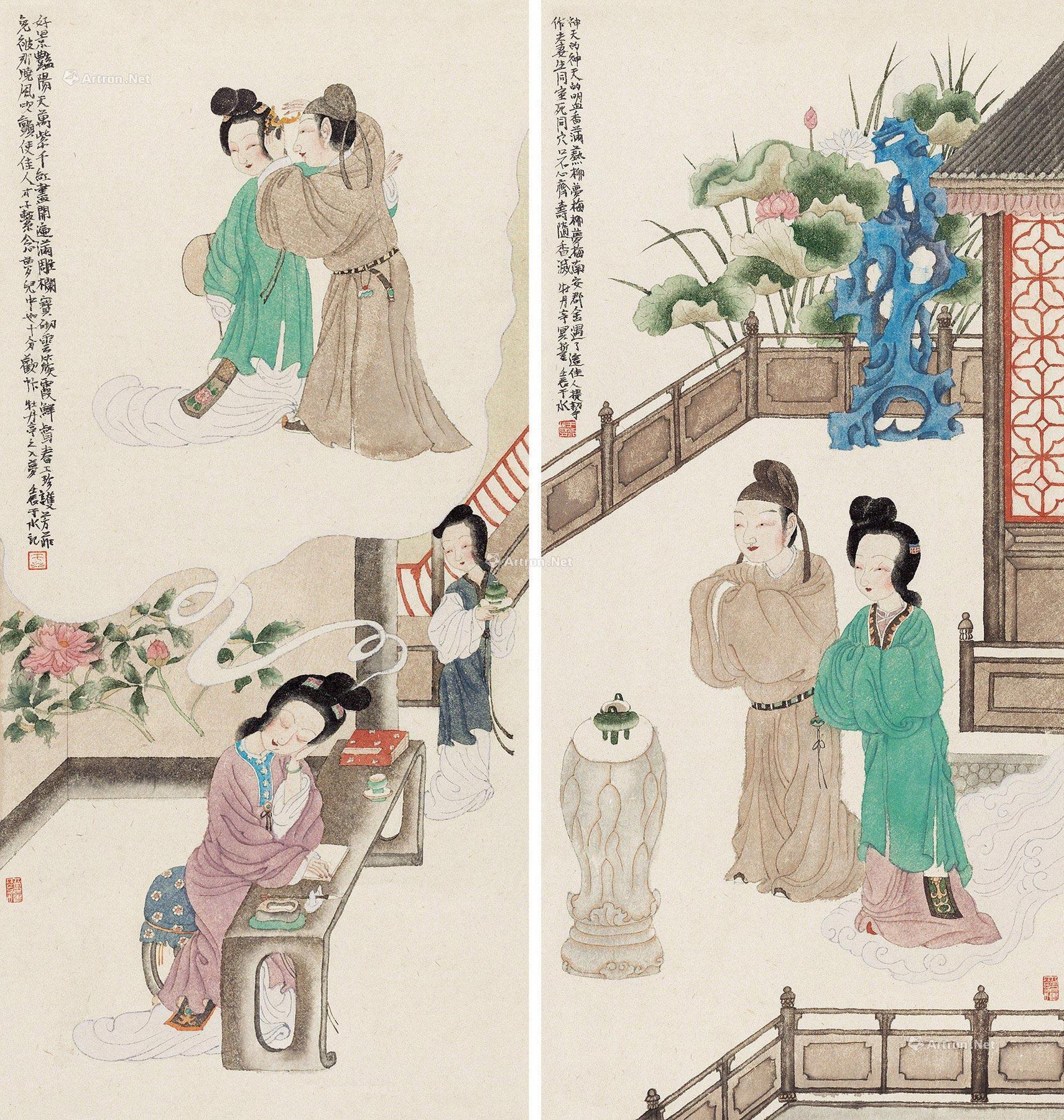 11872012年作牡丹亭人物二帧镜心设色纸本