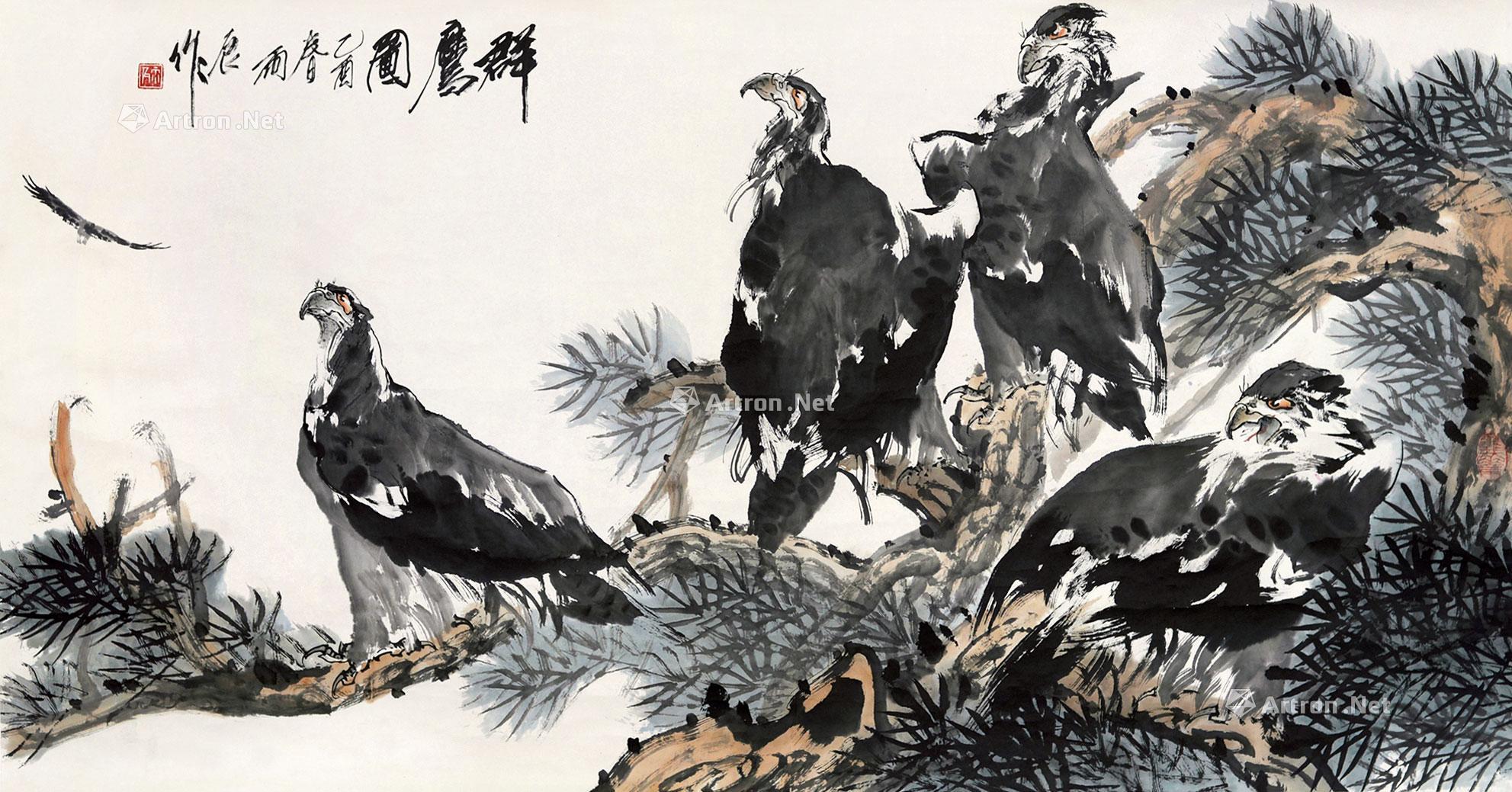 0265群鹰图立轴设色纸本
