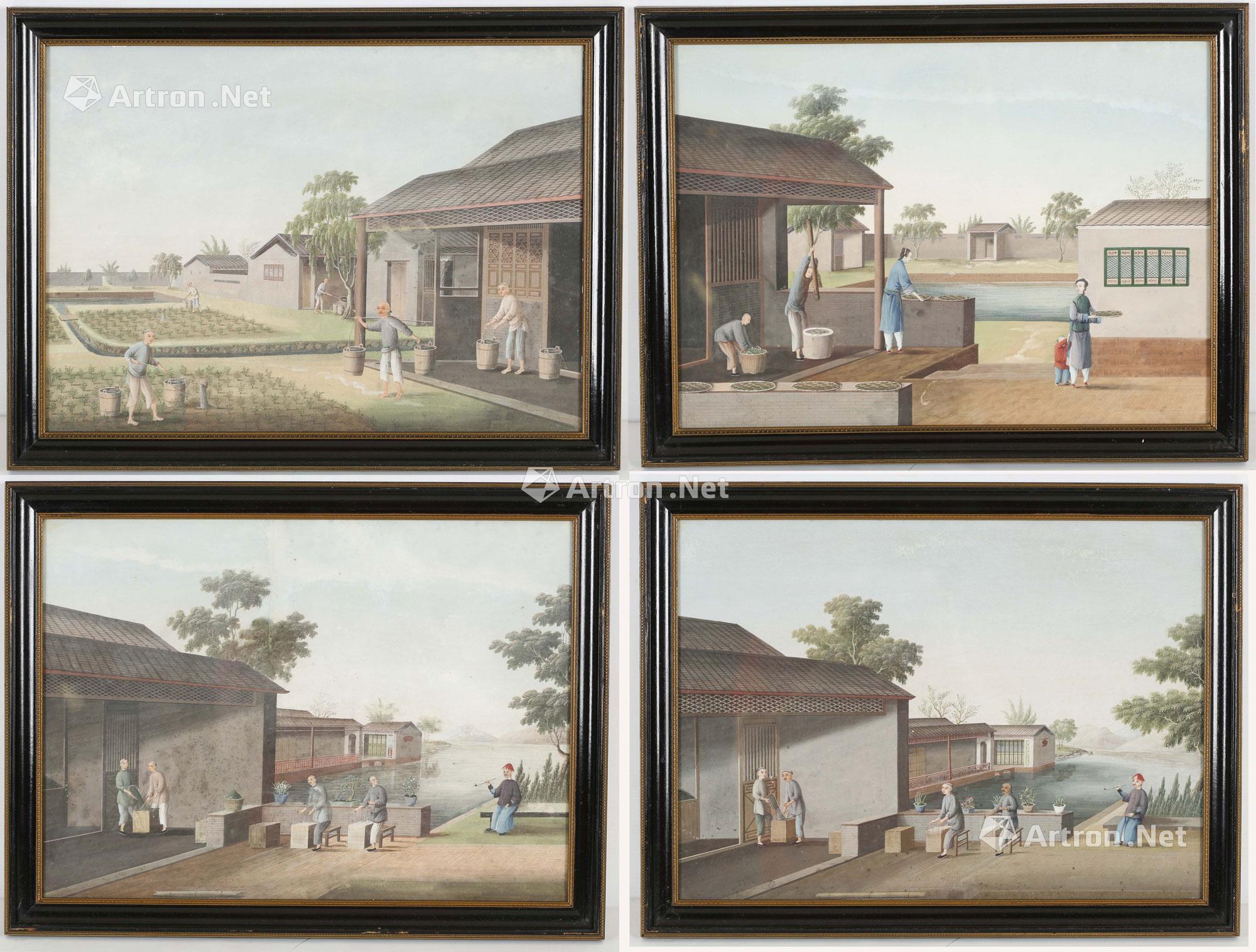 0380 晚清 采茶图通草画 (一组)