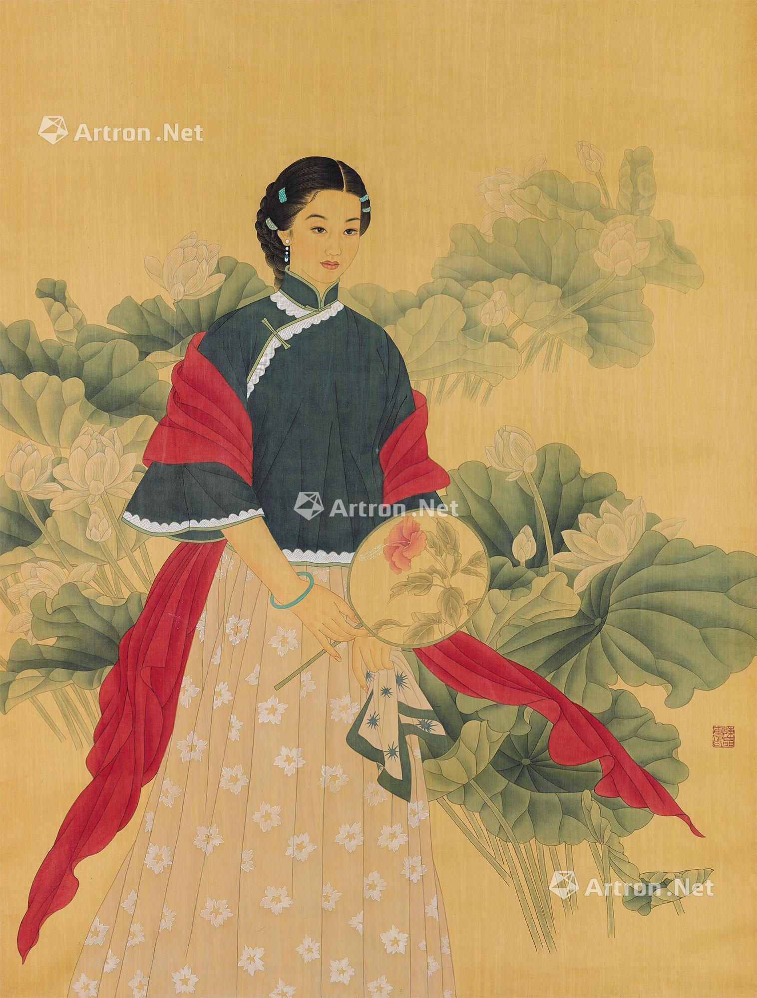 0053 红巾仕女 镜心 设色绢本