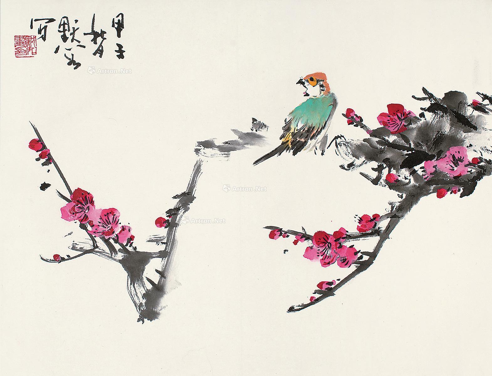 1191甲子1984年作梅雀图立轴纸本