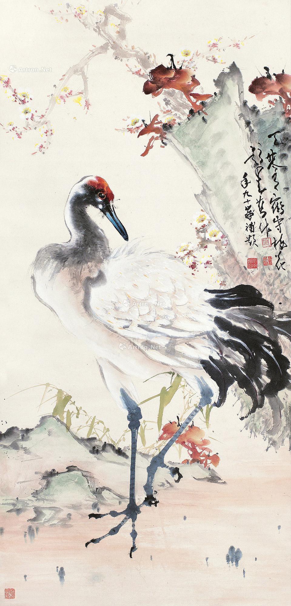 0042 寿鹤梅花 立轴 纸本