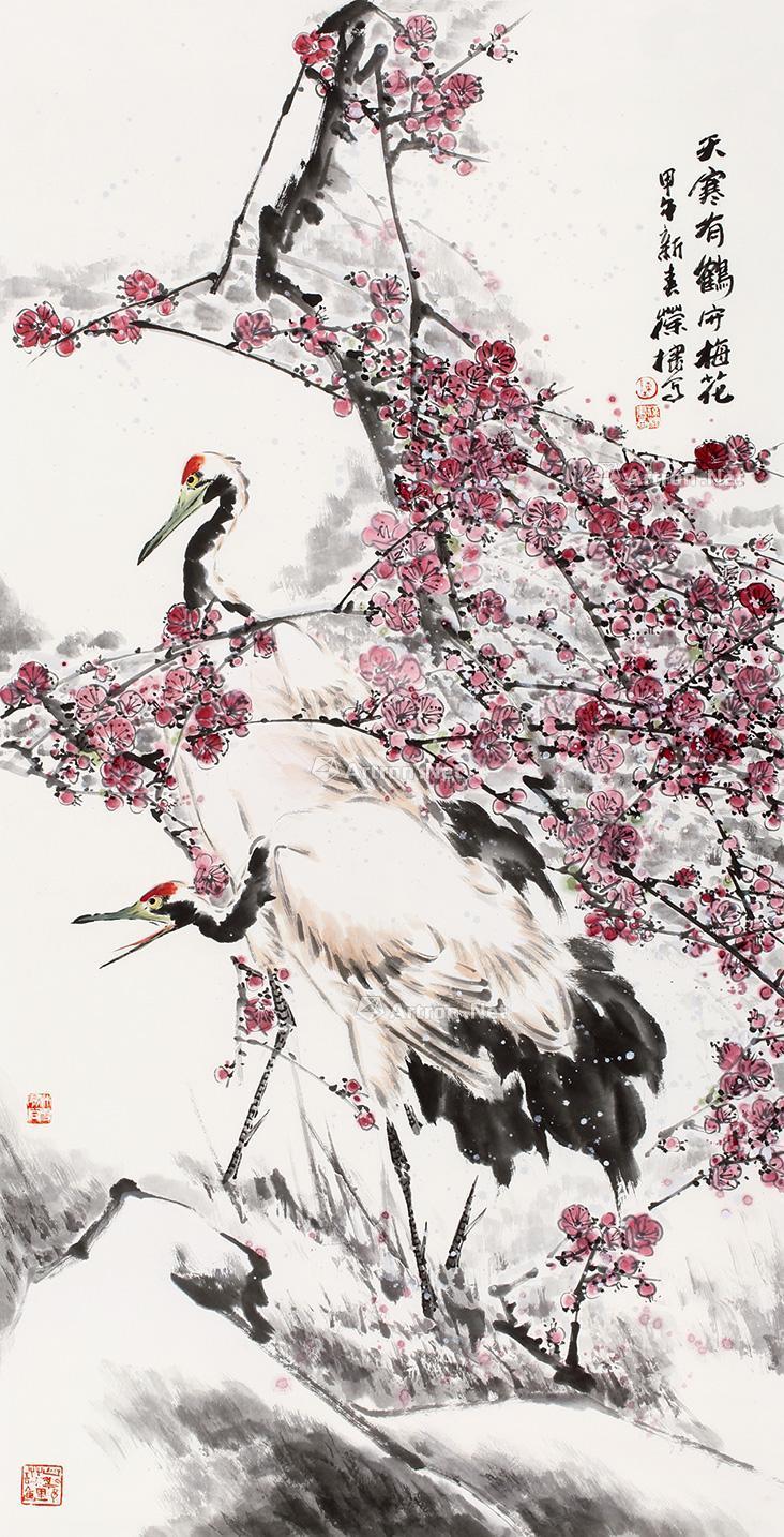 3242 天寒有鹤守梅花 托片 设色纸本