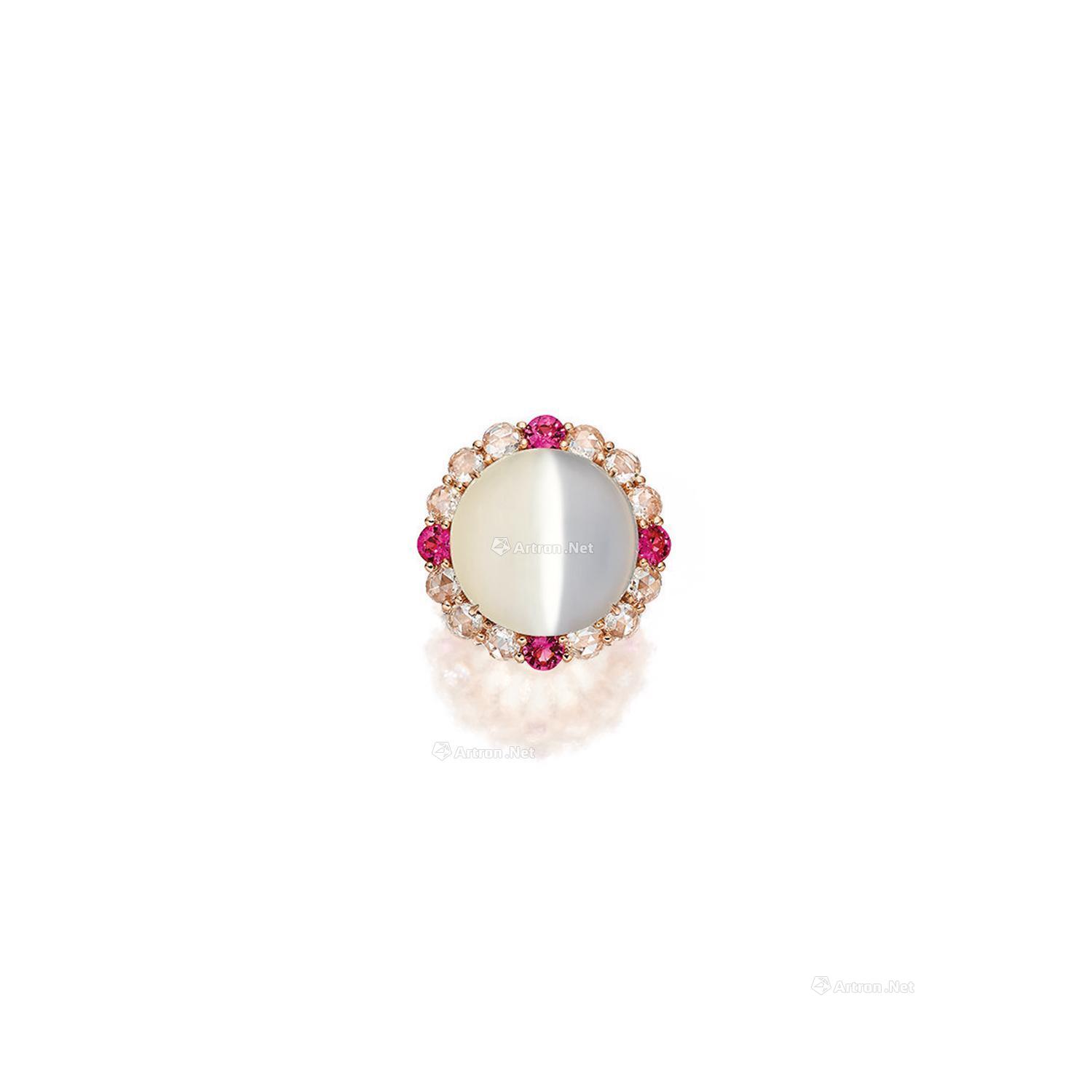 0028 猫眼月光石配粉红色尖晶石及钻石戒指