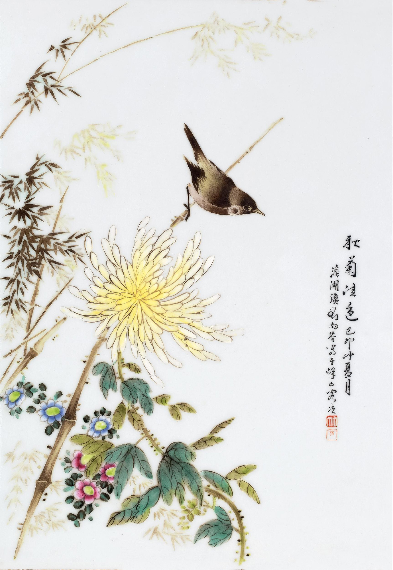 5071民国28年1939年刘雨岑粉彩秋菊清色瓷板