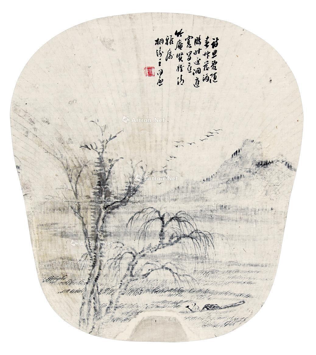 0236洞庭春色蒲扇镜框水墨绢本