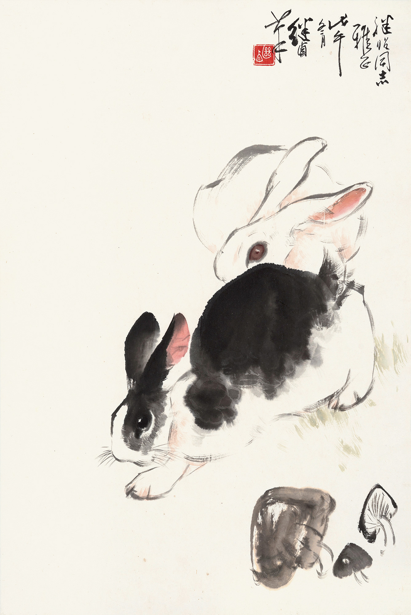 0187 戊午(1978年)作 双兔 镜心 纸本