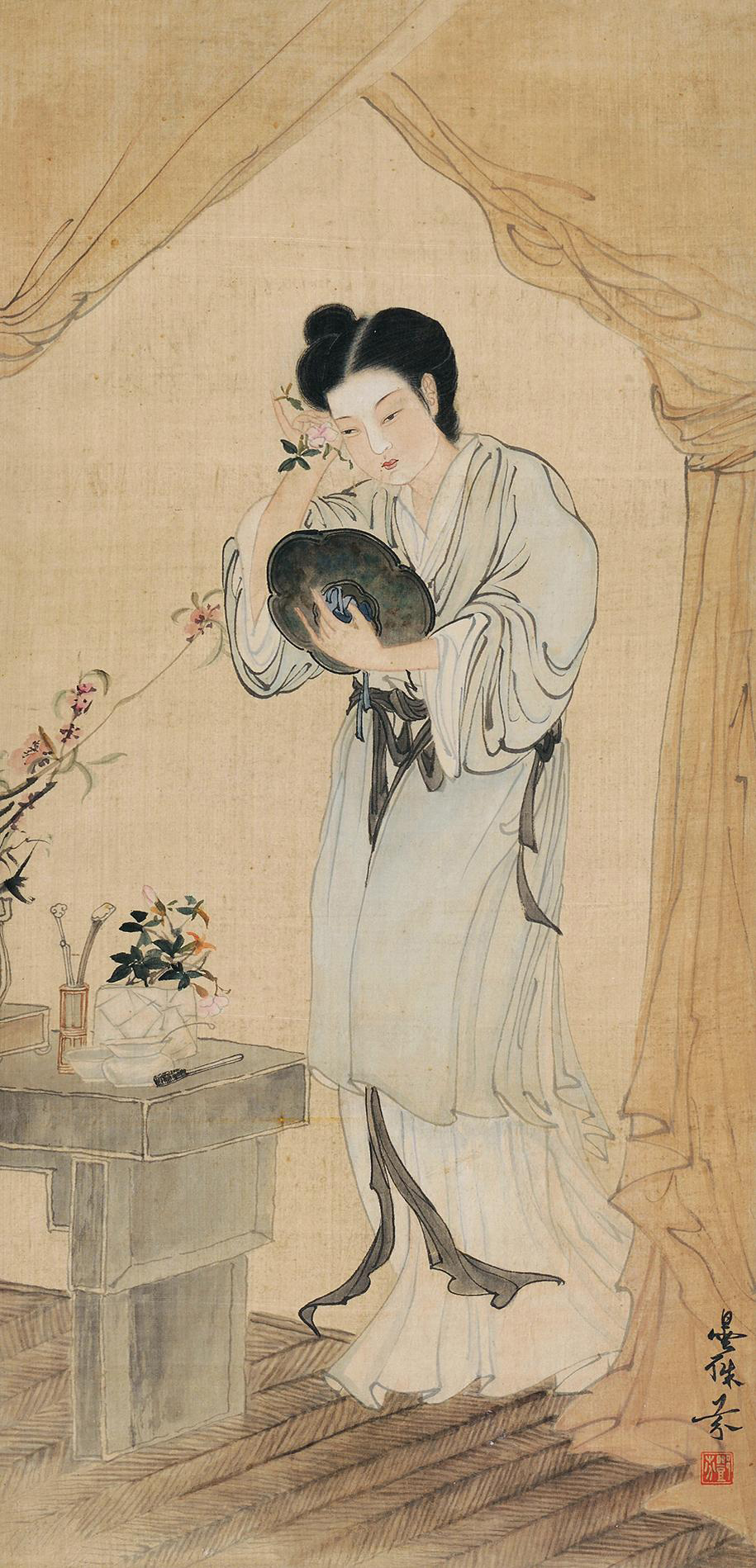 4457 执镜仕女 镜心 设色纸本