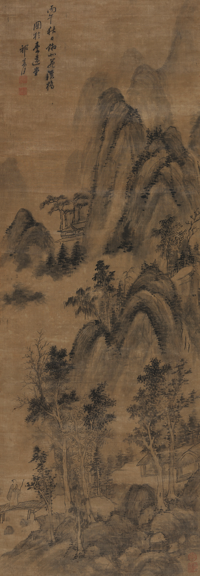 1590丙午1666年作仿北苑溪桥图立轴水墨绫本