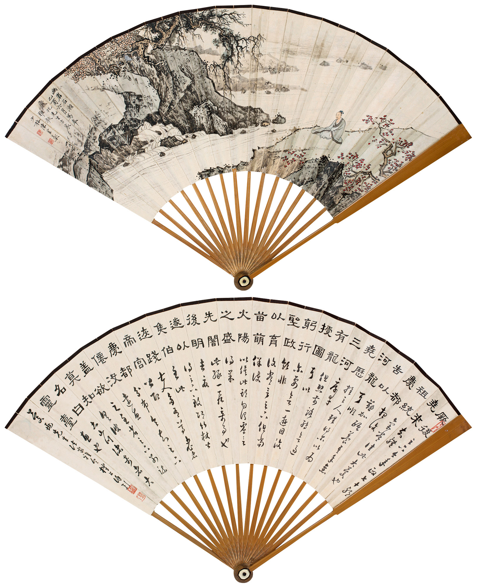 *1792 幽岩石濑·隶草二体书 成扇 设色纸本,水墨纸本