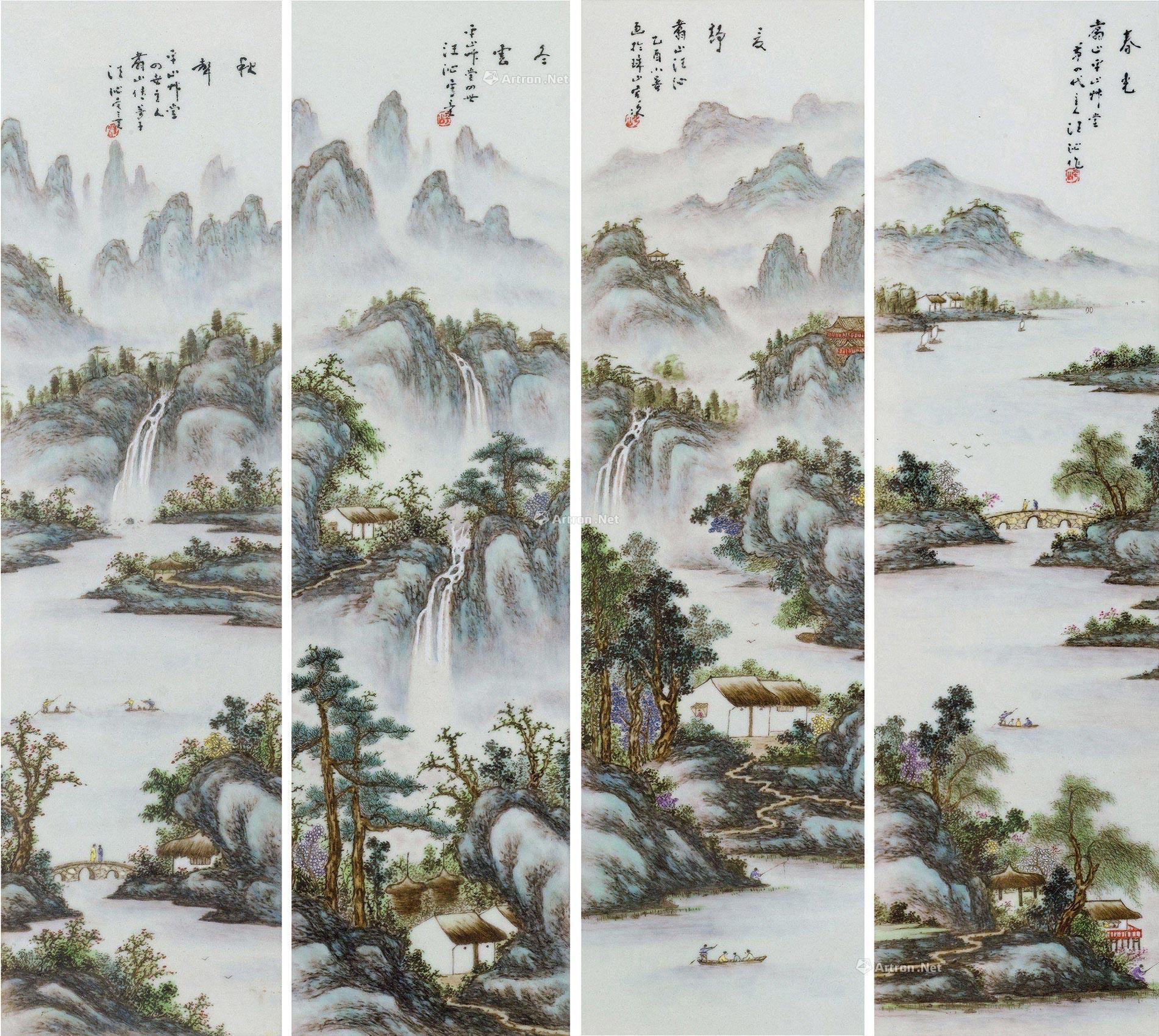 0079 汪沁 山水四条屏瓷板