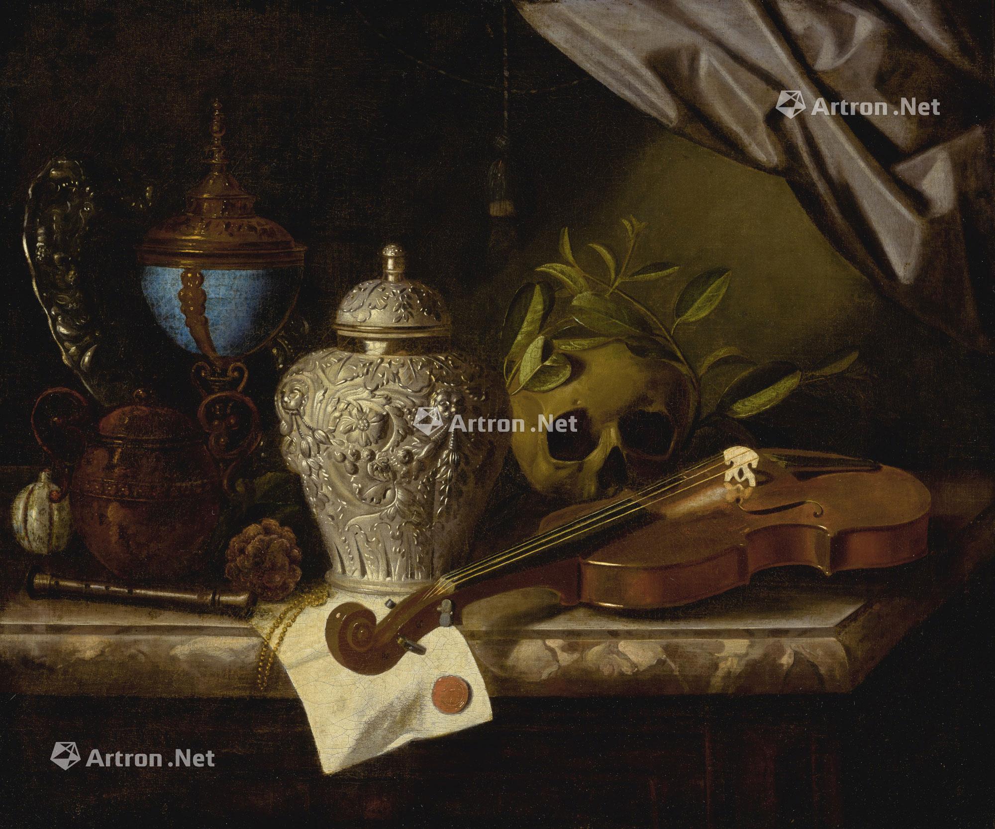 0140 a vanitas still life with a violin, a skull draped with