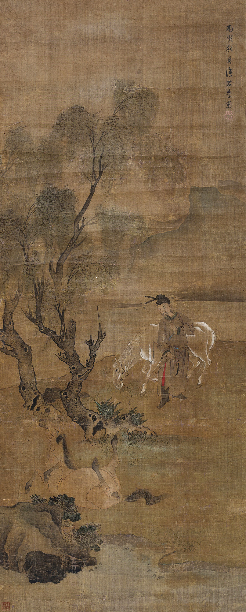 1633丙寅1866年作柳荫牧马图立轴绢本