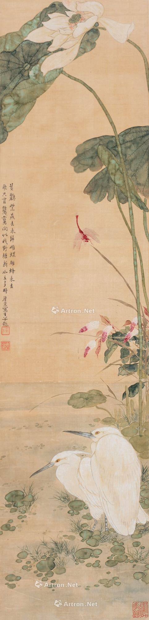 0045荷花白鹭镜片绢本