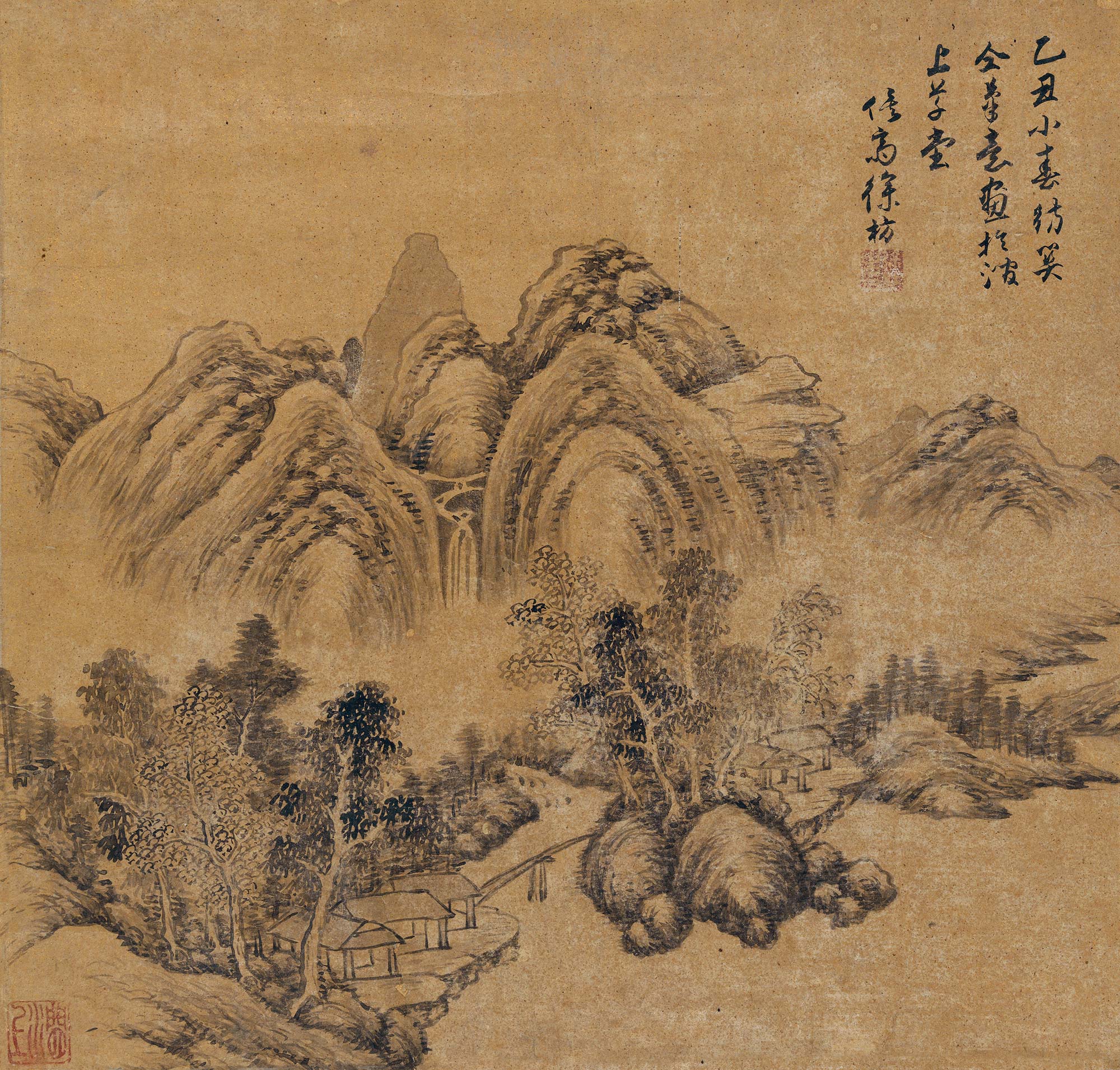 1075 乙丑(1685年)作 仿关仝山水 立轴 设色金笺