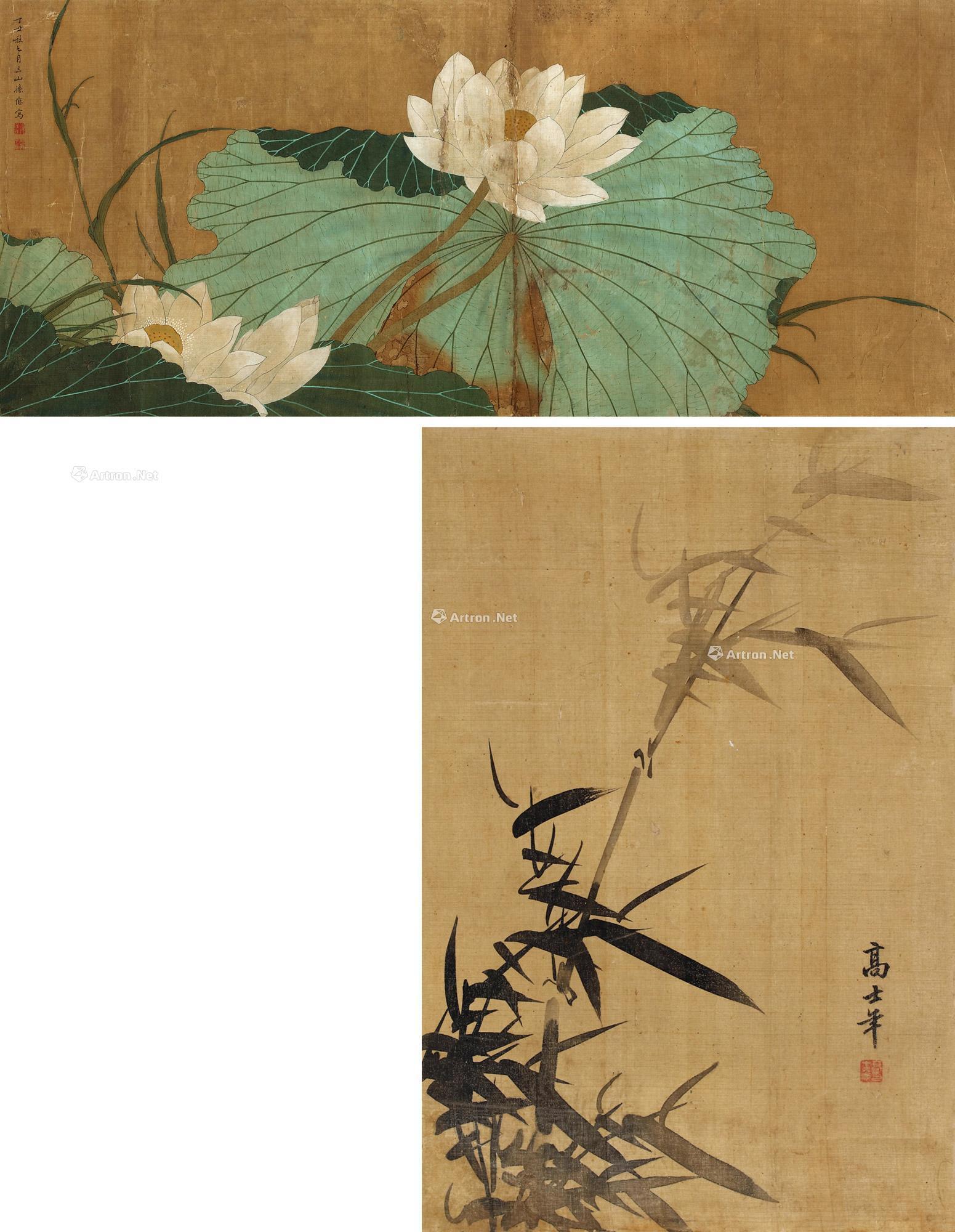 0026 白莲图 墨竹图 镜心 设色绢本