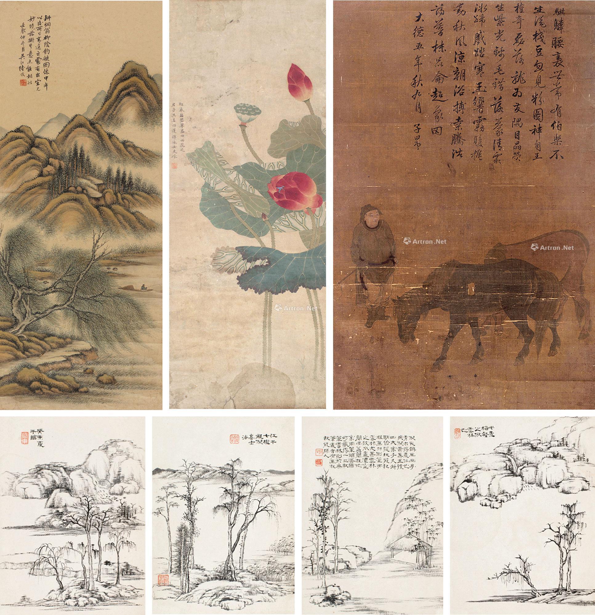 壬辰(1892)年作 柳荫钓艇 莲 牧马图 山水册 镜片 册页 设色纸本 绢本