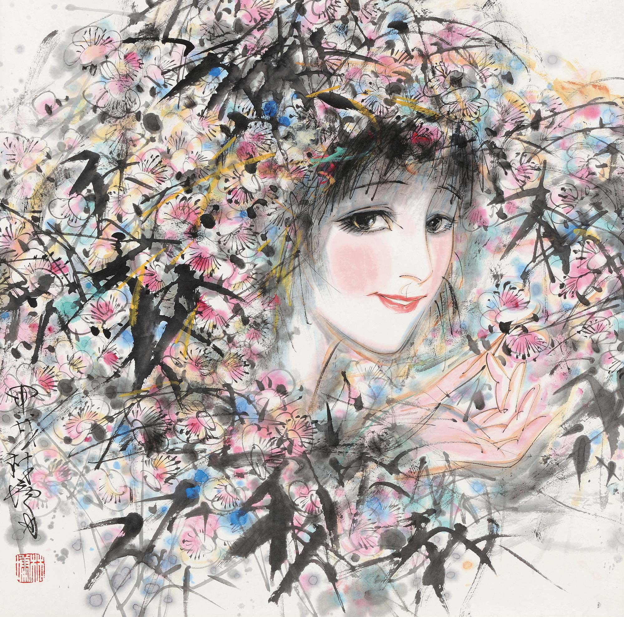 【1994年作 笑靥如花 立轴 设色纸本】拍卖品_图片_价格_鉴赏_绘画