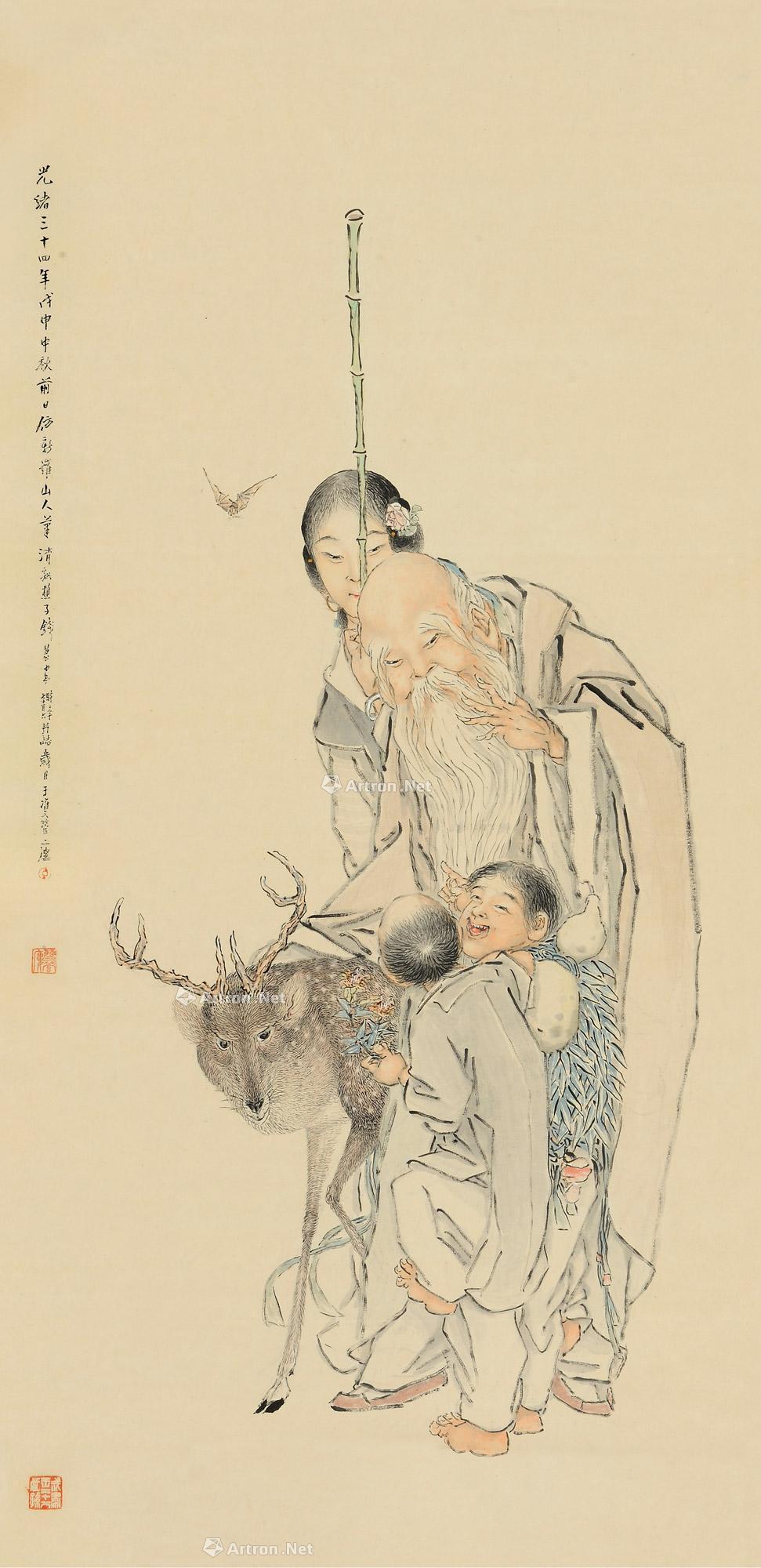 0270 戊申(1908)年作 福寿延年 立轴 设色纸本