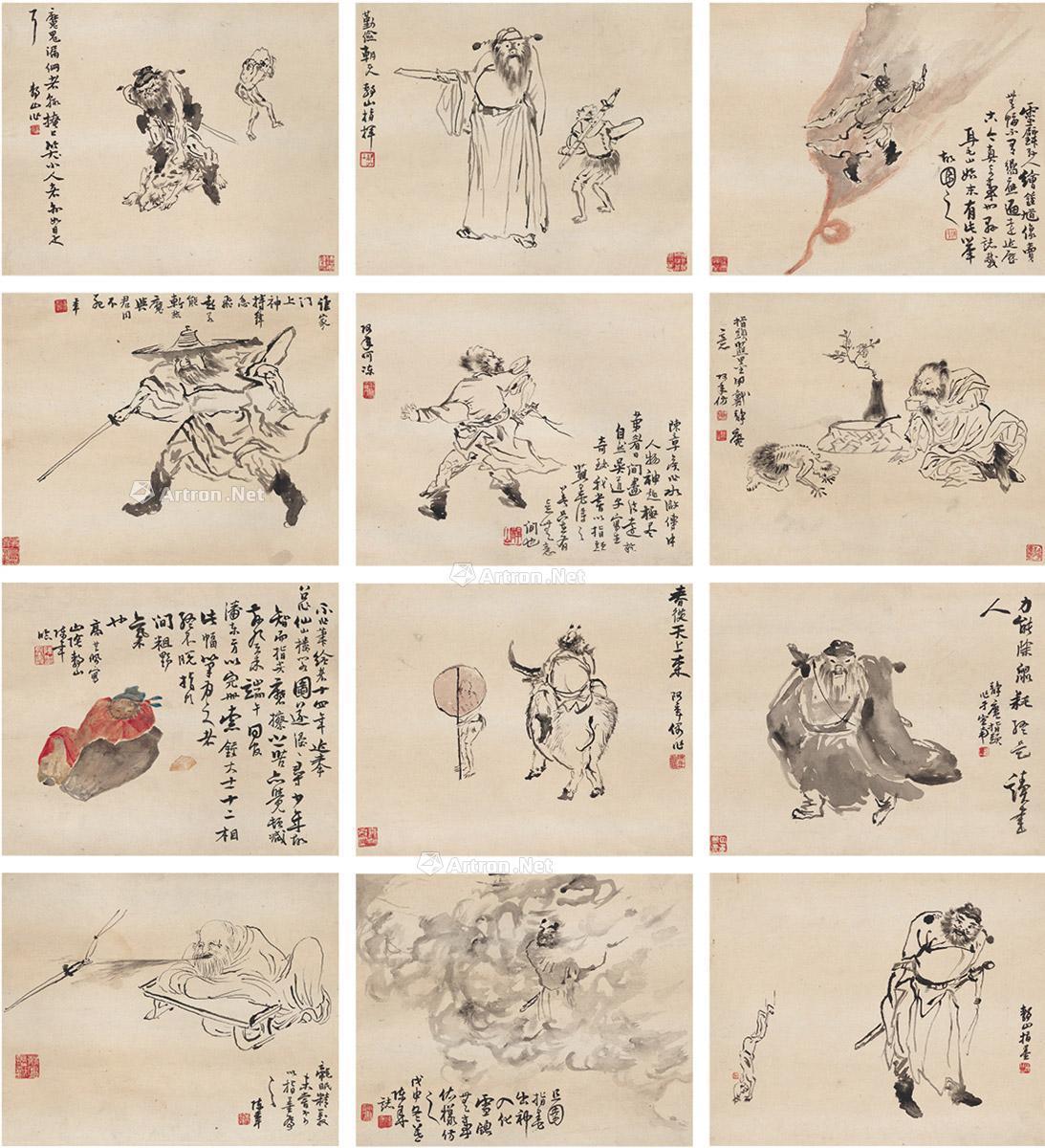 0898 指画钟馗捉鬼图 四屏(十二挖) 设色纸本·水墨纸本