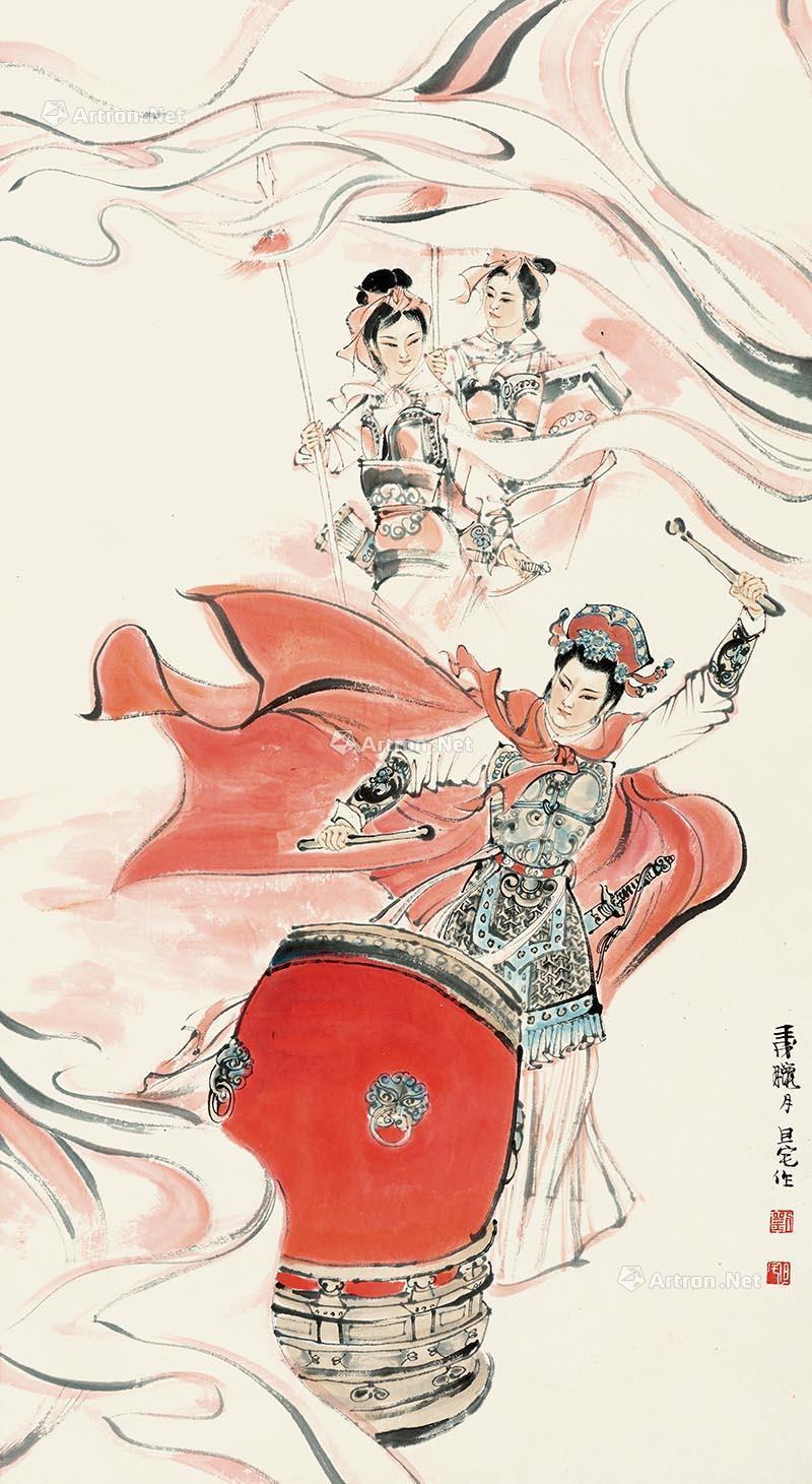 04111982年作梁红玉击鼓退金兵立轴设色纸本