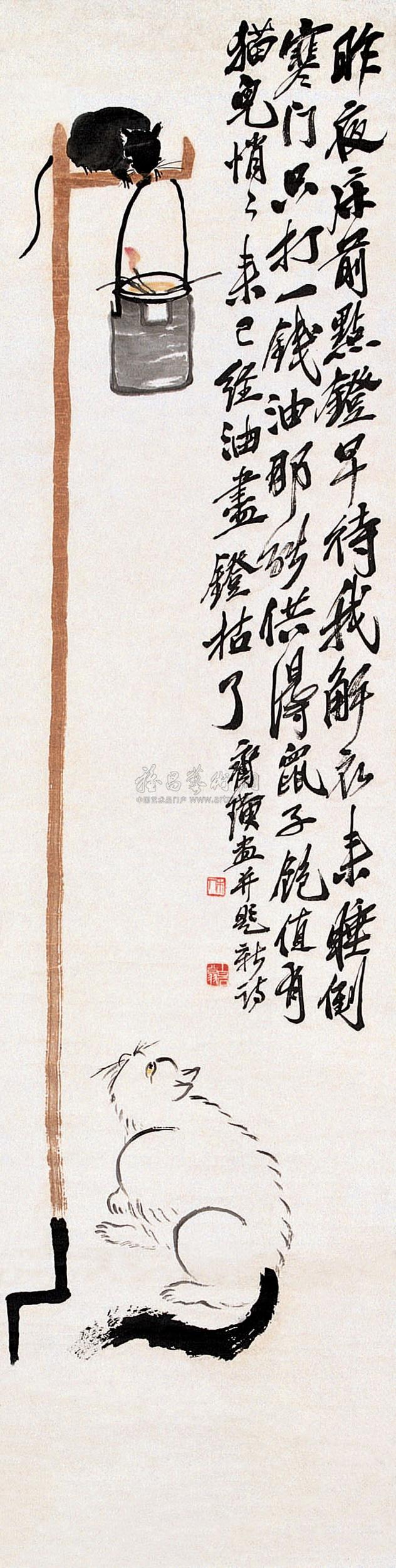 0082 老鼠偷油图 立轴 设色纸本