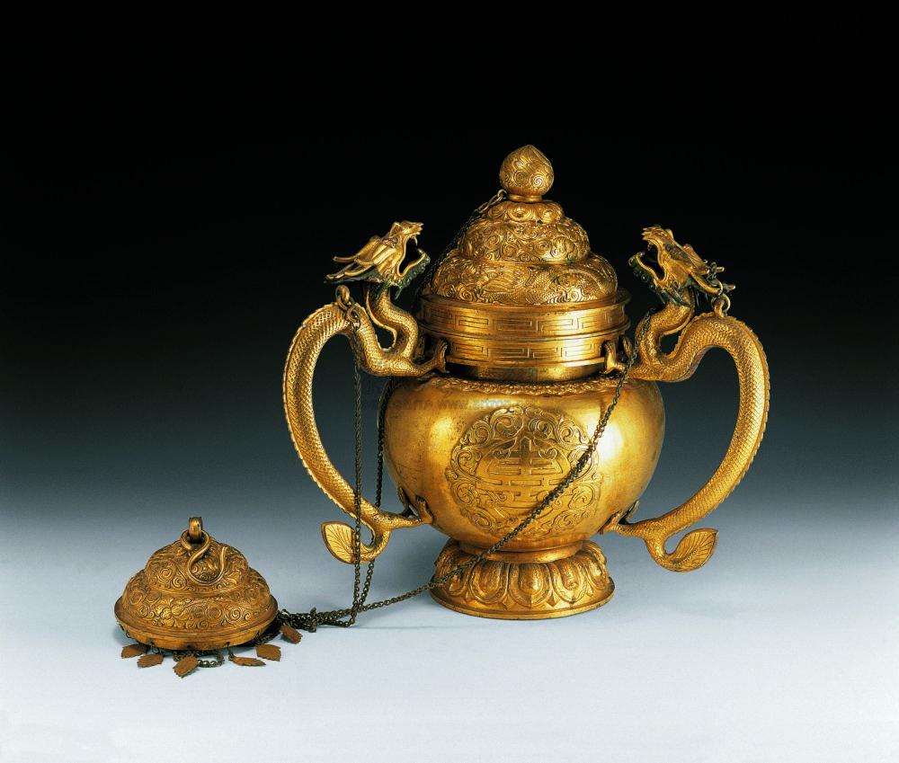 1455清中期铜鎏金錾花龙耳贡器