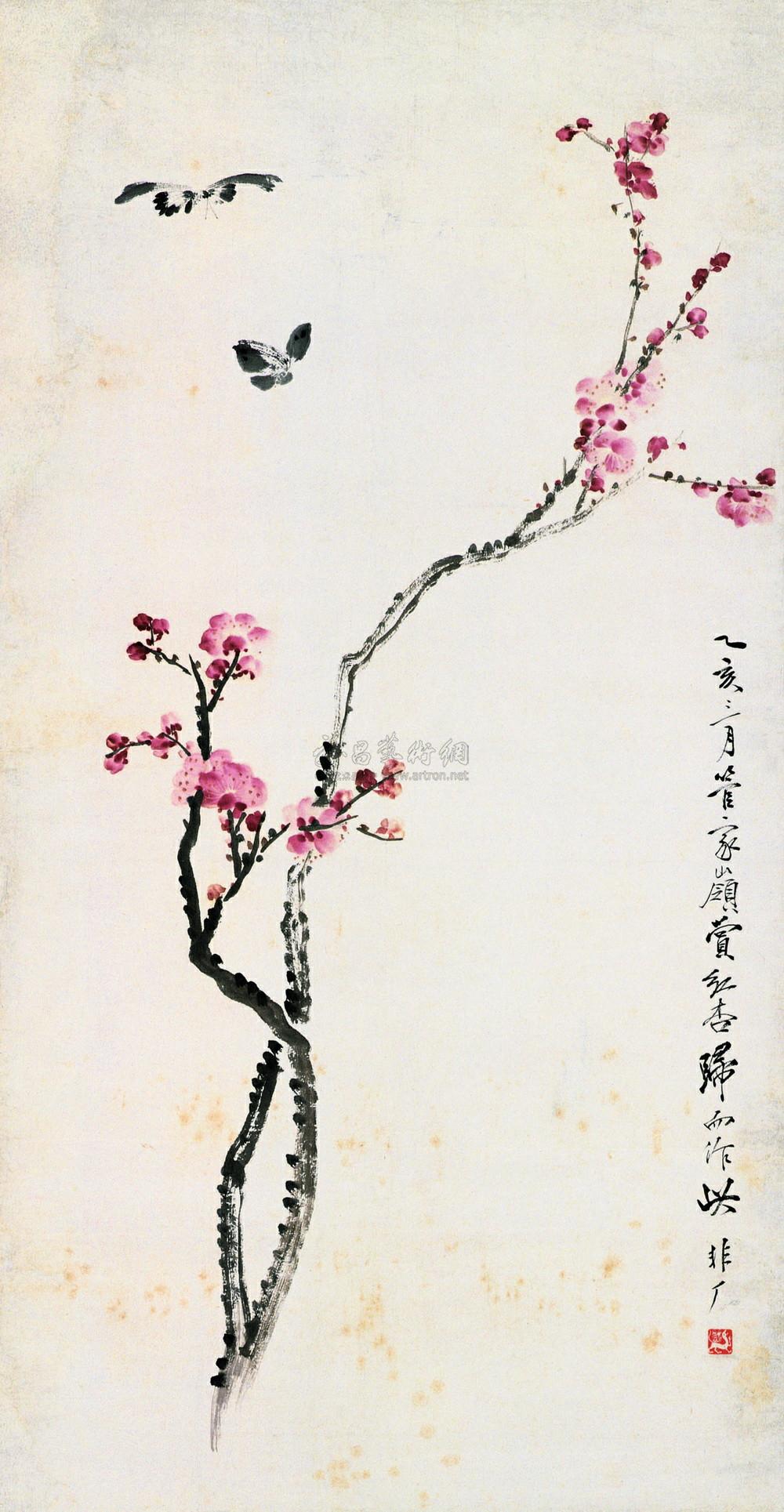 388 乙亥(1935年)作 红杏双蝶图 立轴 设色纸本