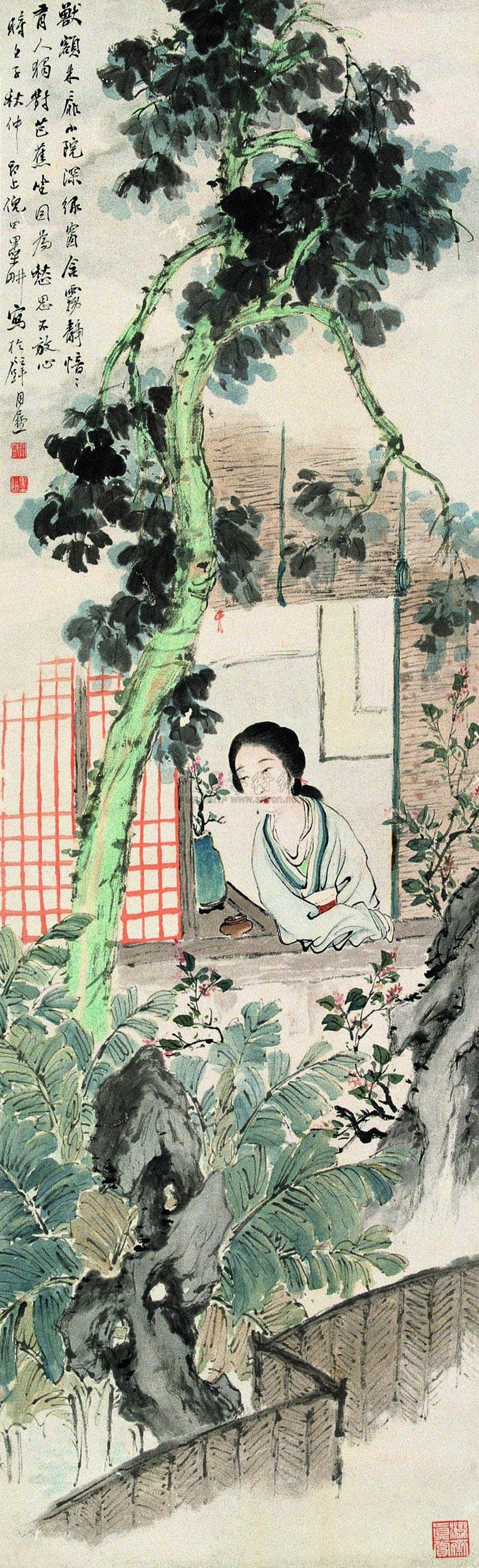 04241912年作桐荫仕女立轴纸本设色